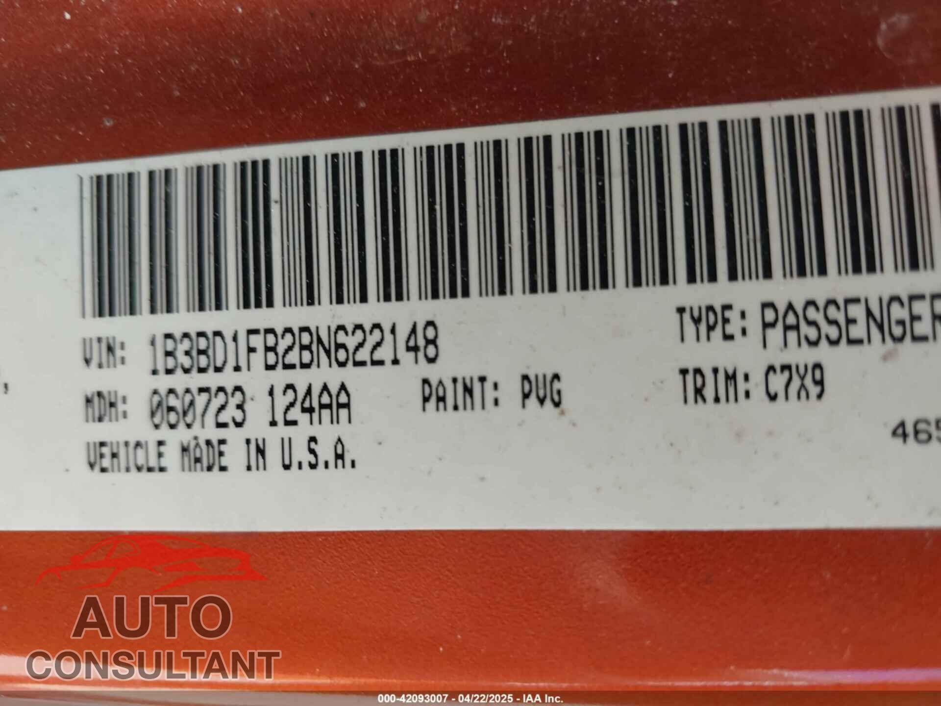 DODGE AVENGER 2011 - 1B3BD1FB2BN622148