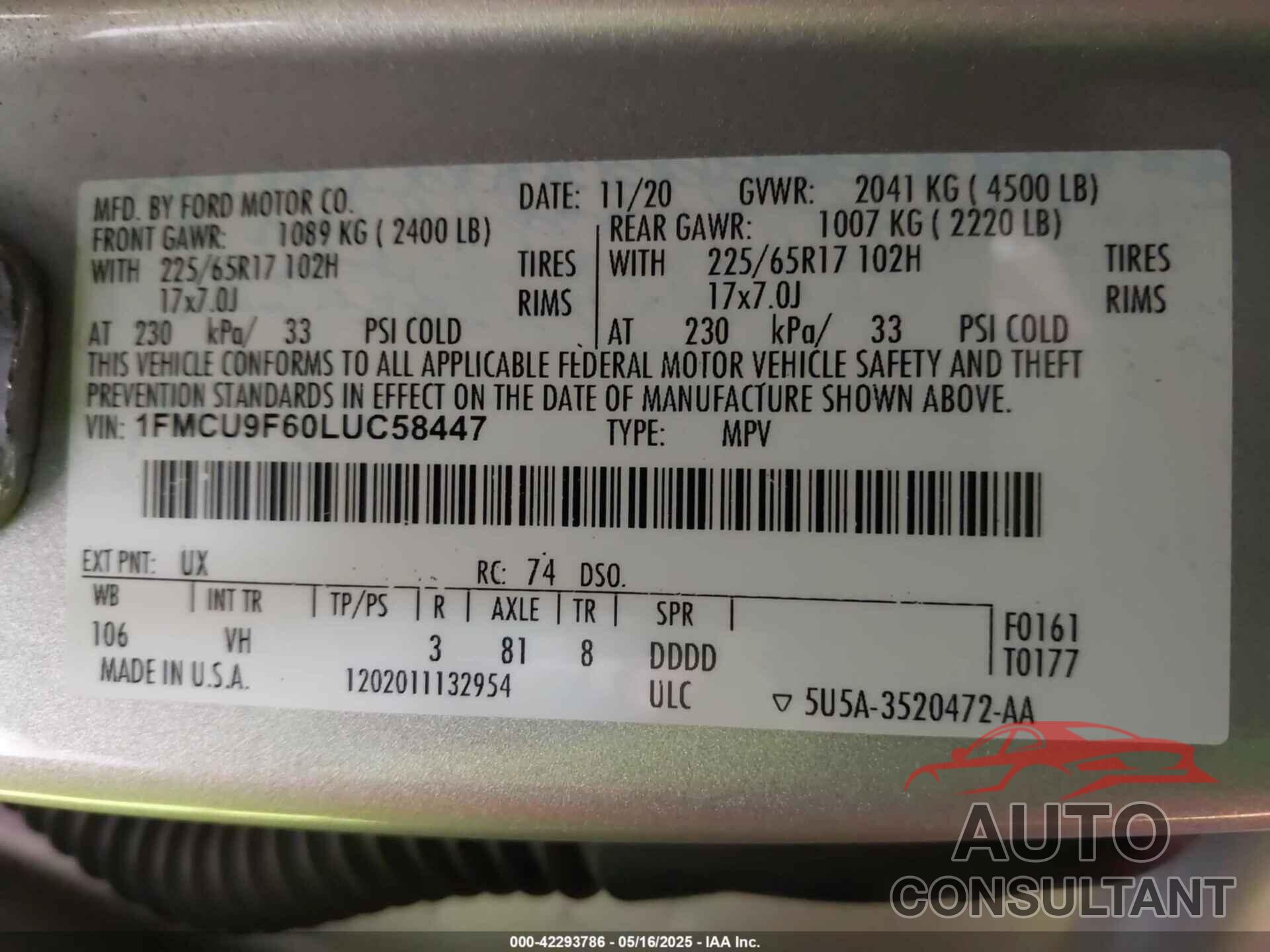 FORD ESCAPE 2020 - 1FMCU9F60LUC58447