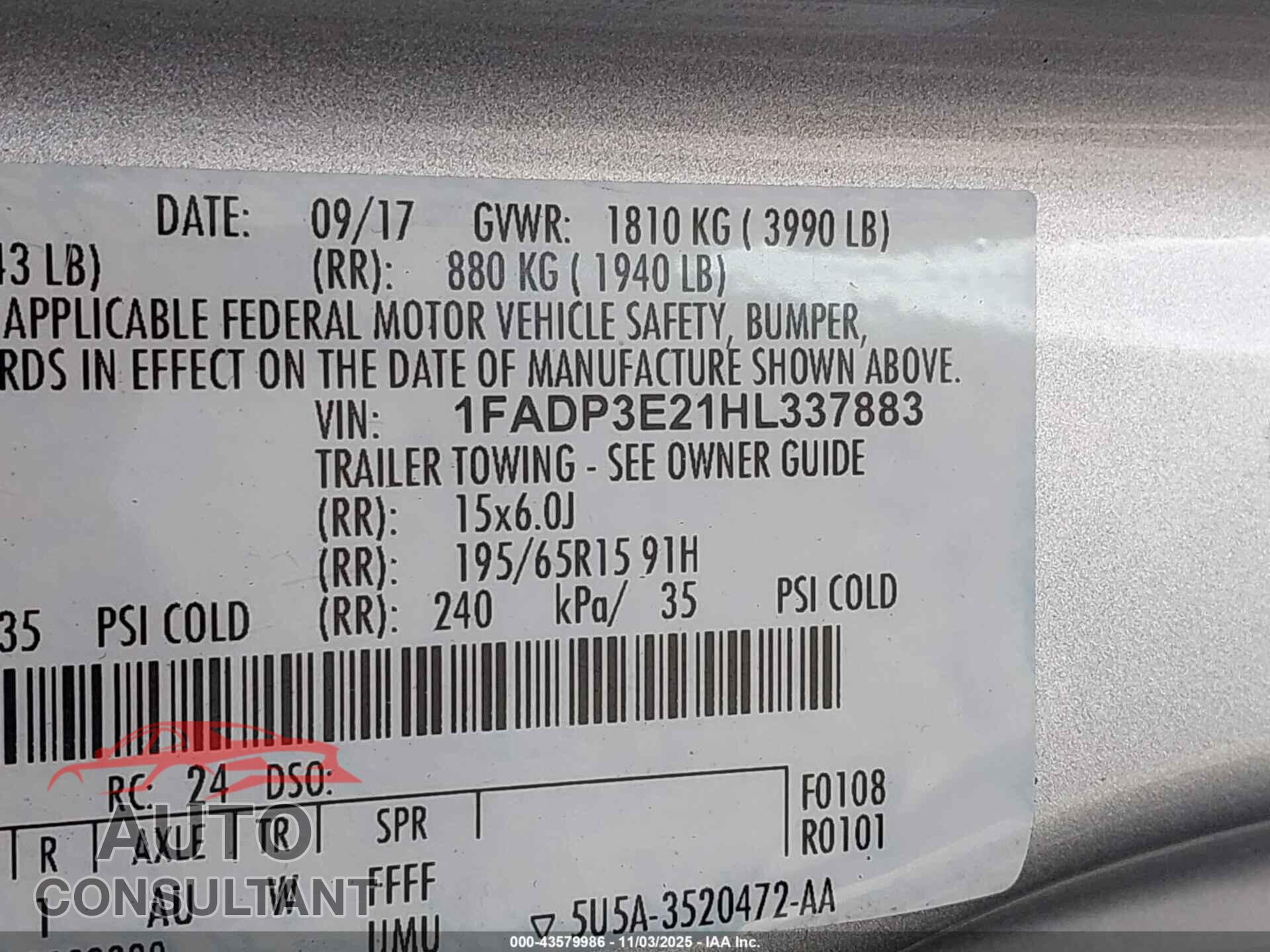 FORD FOCUS 2017 - 1FADP3E21HL337883