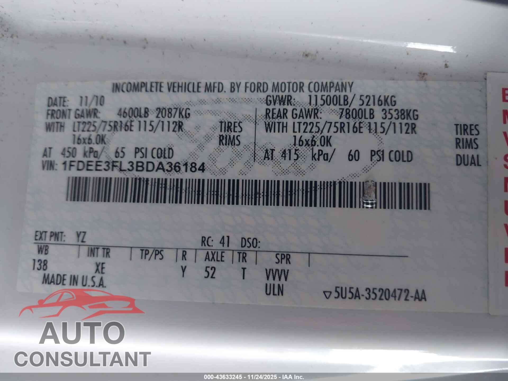 FORD ECONOLINE 2011 - 1FDEE3FL3BDA36184