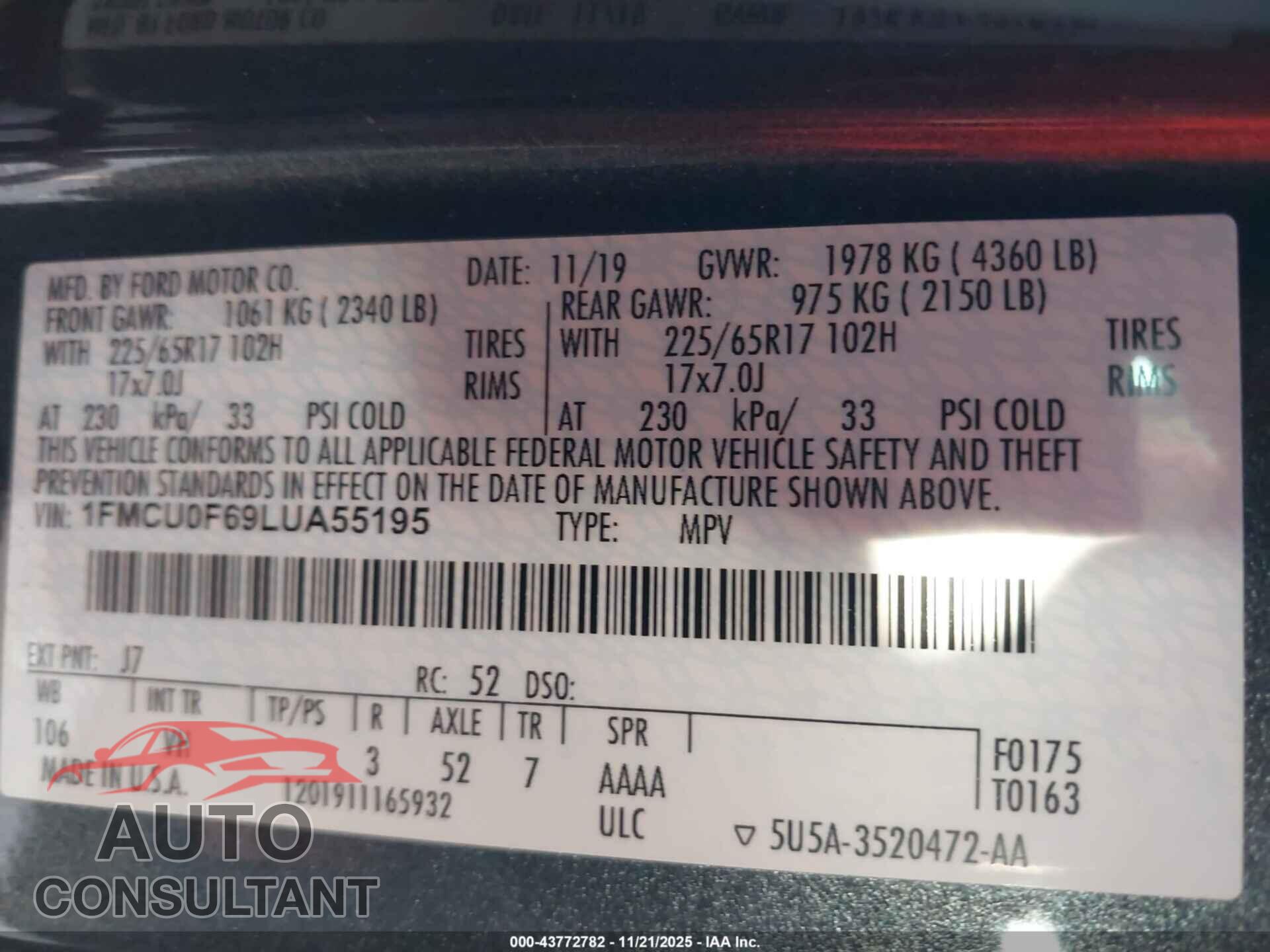 FORD ESCAPE 2020 - 1FMCU0F69LUA55195