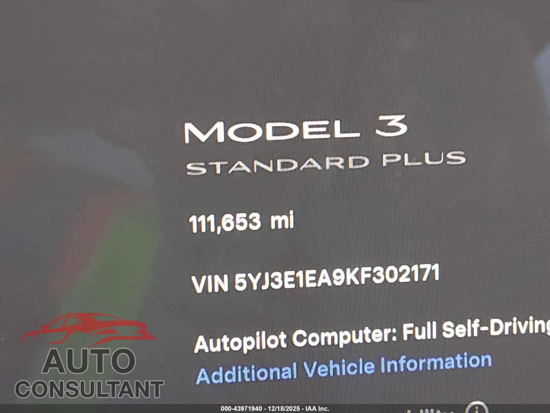 TESLA MODEL 3 2019 - 5YJ3E1EA9KF302171