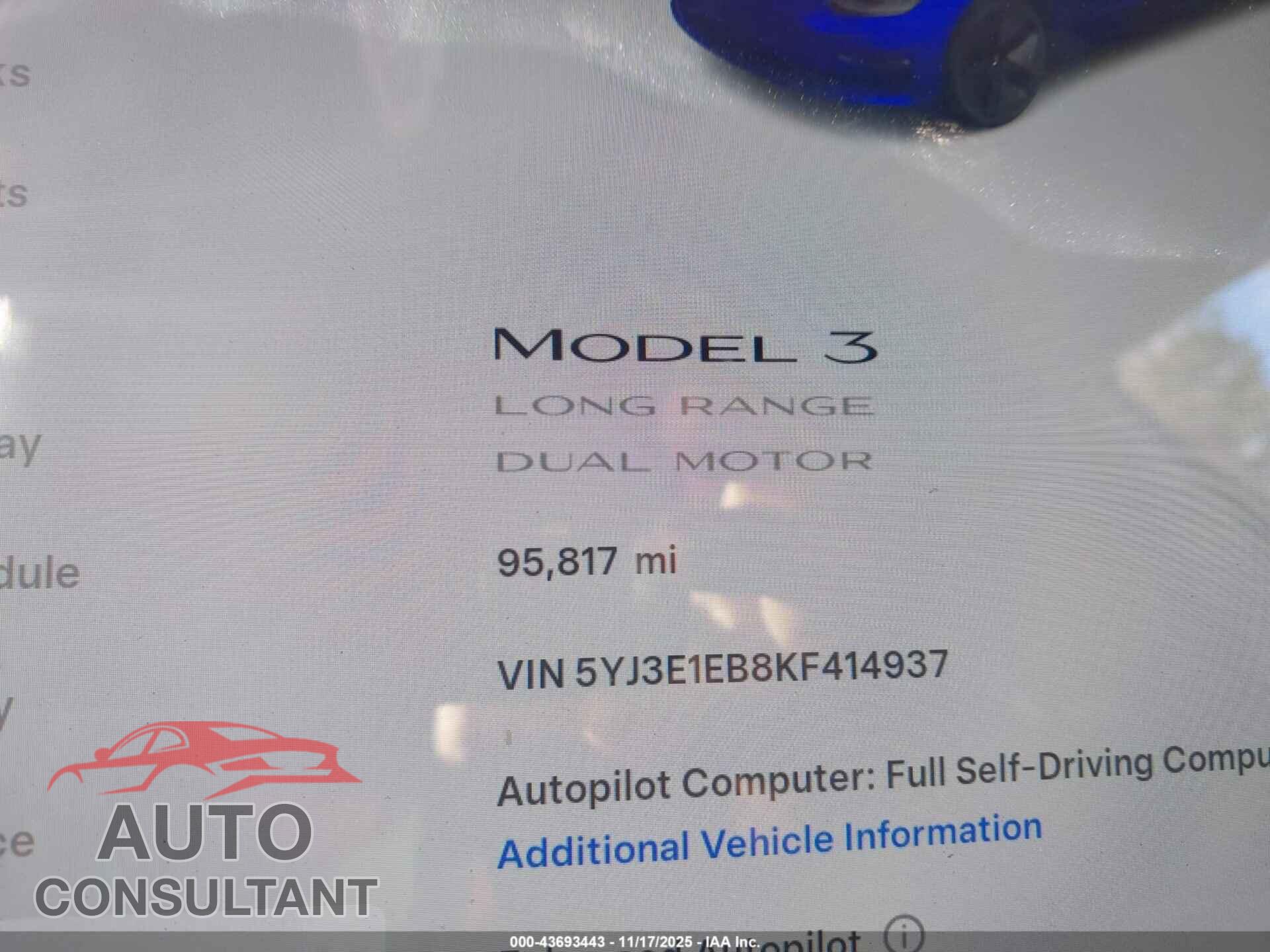 TESLA MODEL 3 2019 - 5YJ3E1EB8KF414937