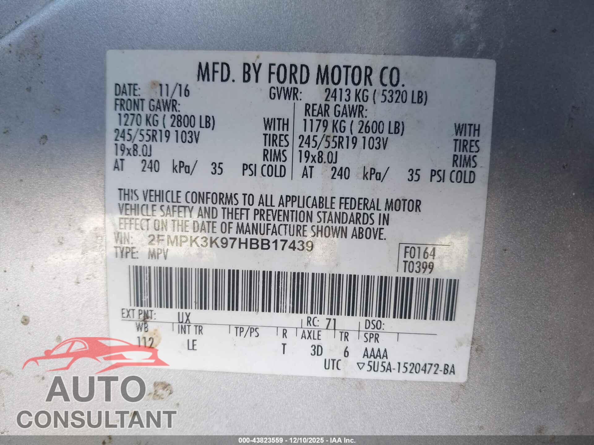 FORD EDGE 2017 - 2FMPK3K97HBB17439