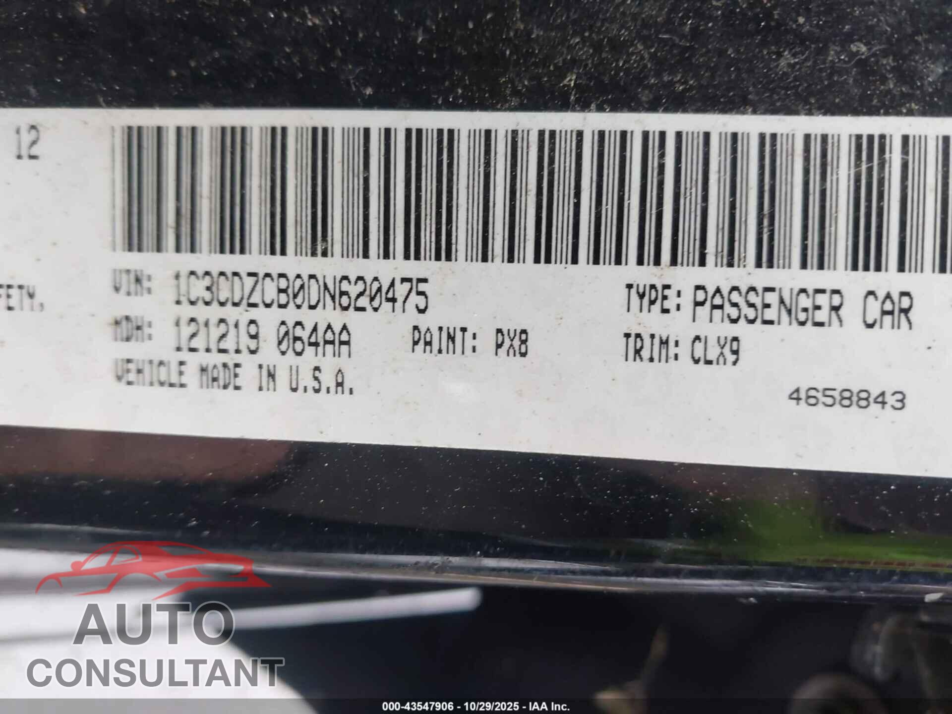 DODGE AVENGER 2013 - 1C3CDZCB0DN620475