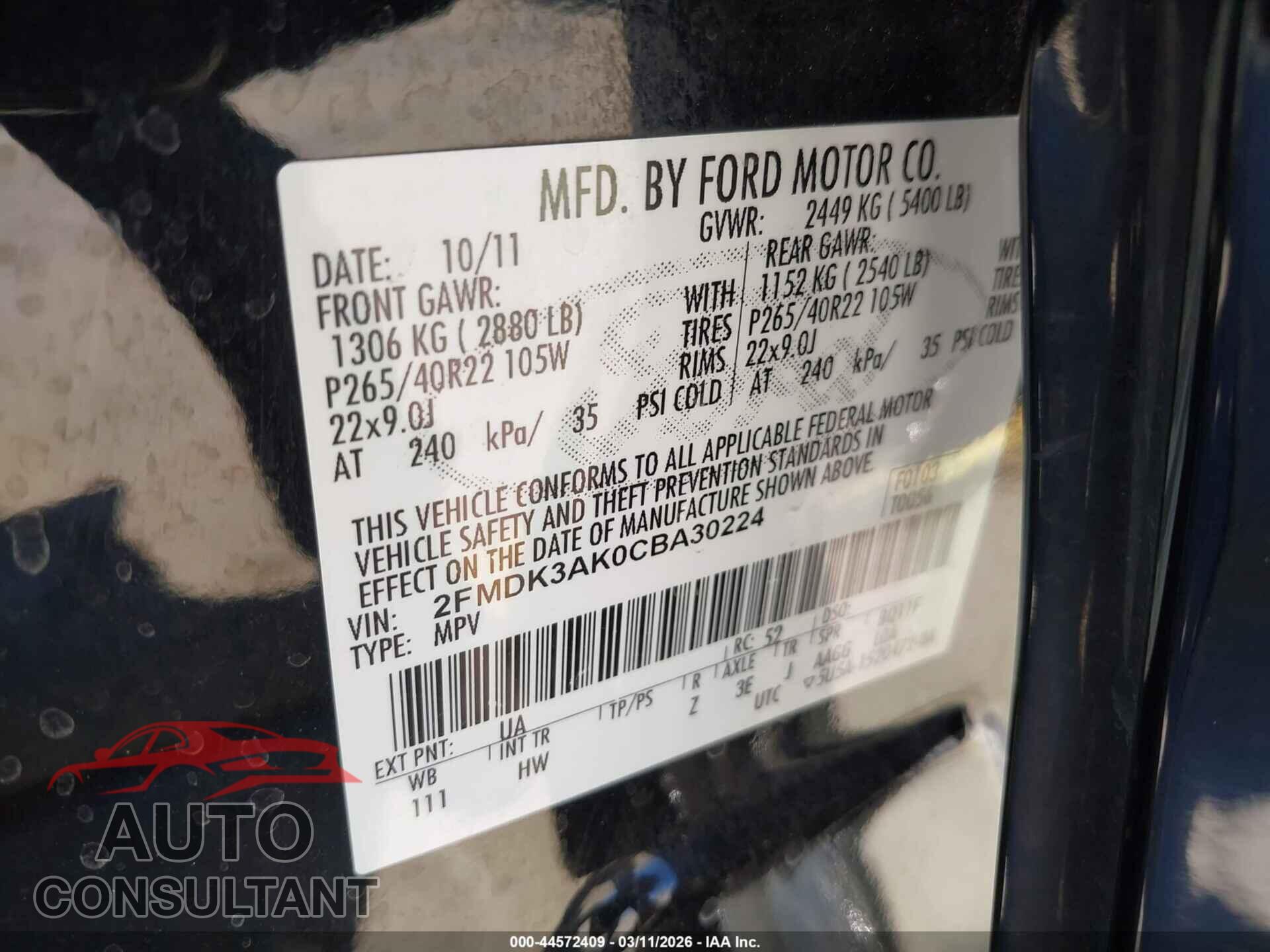 FORD EDGE 2012 - 2FMDK3AK0CBA30224