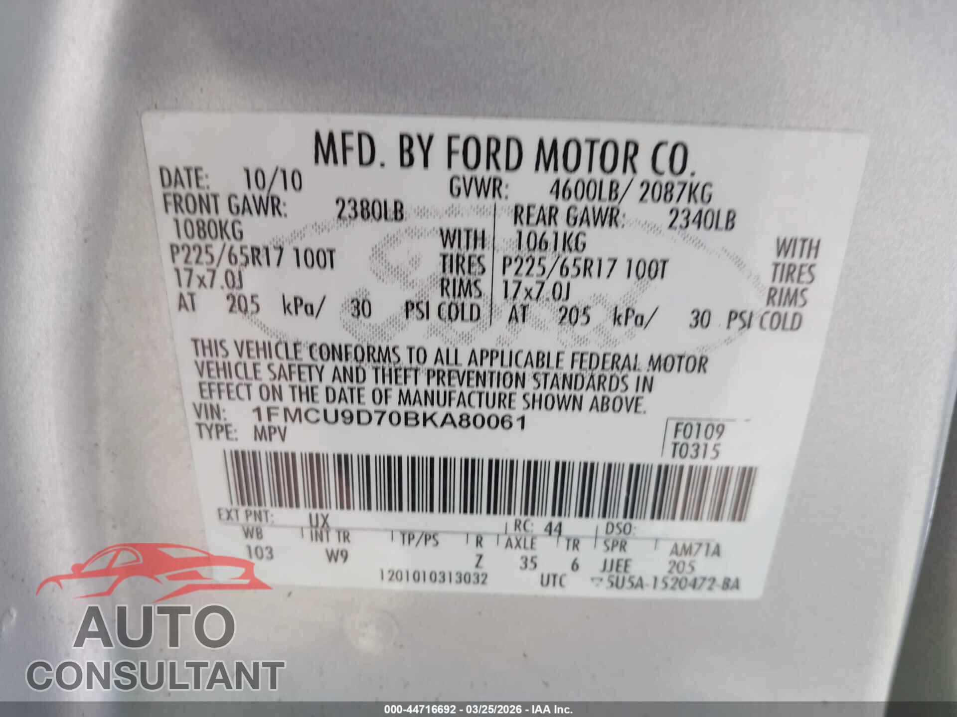 FORD ESCAPE 2011 - 1FMCU9D70BKA80061