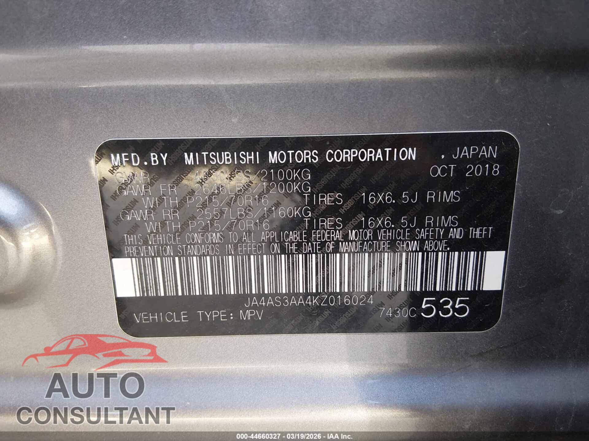 MITSUBISHI ECLIPSE CROSS 2019 - JA4AS3AA4KZ016024