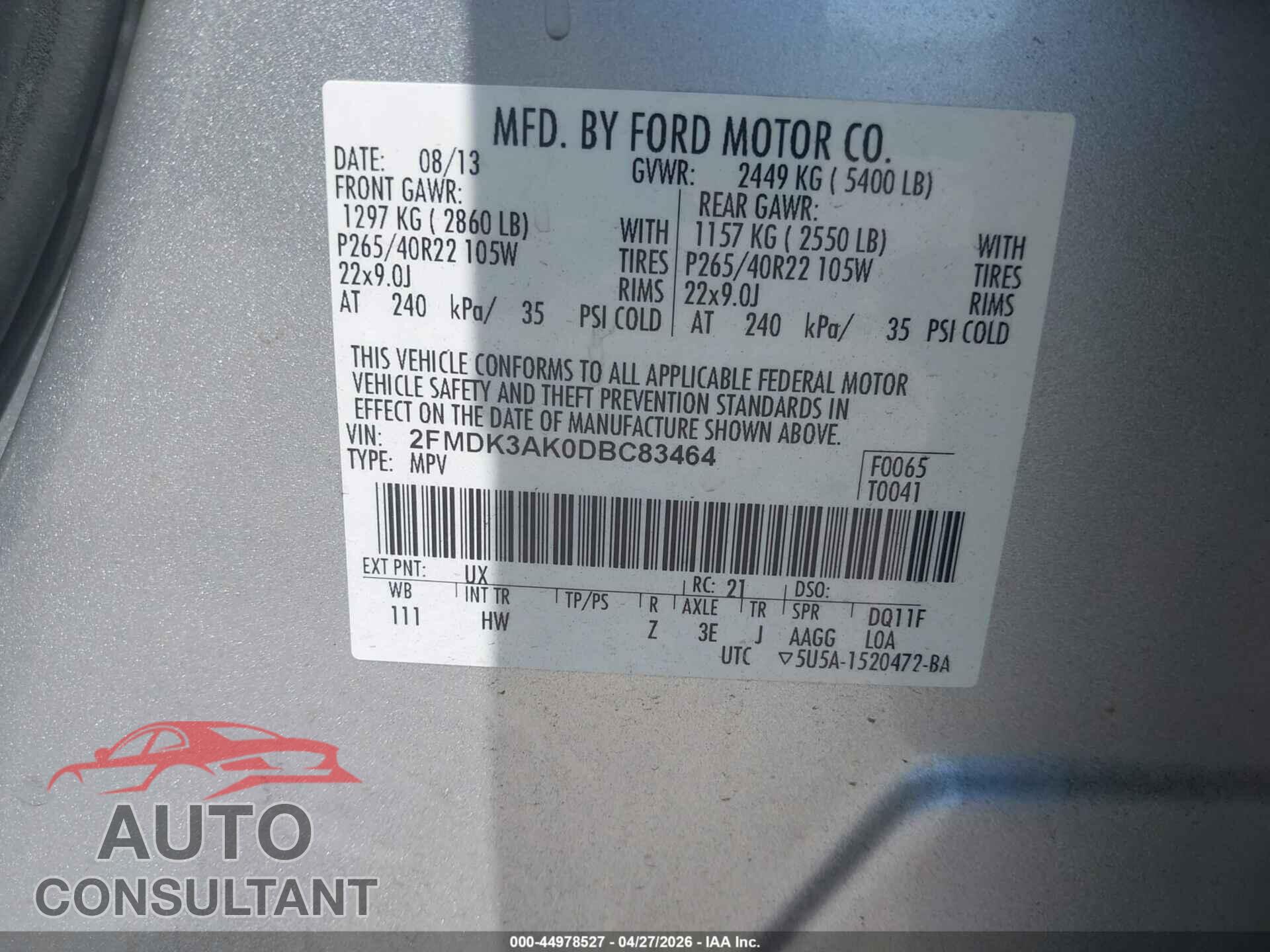FORD EDGE 2013 - 2FMDK3AK0DBC83464