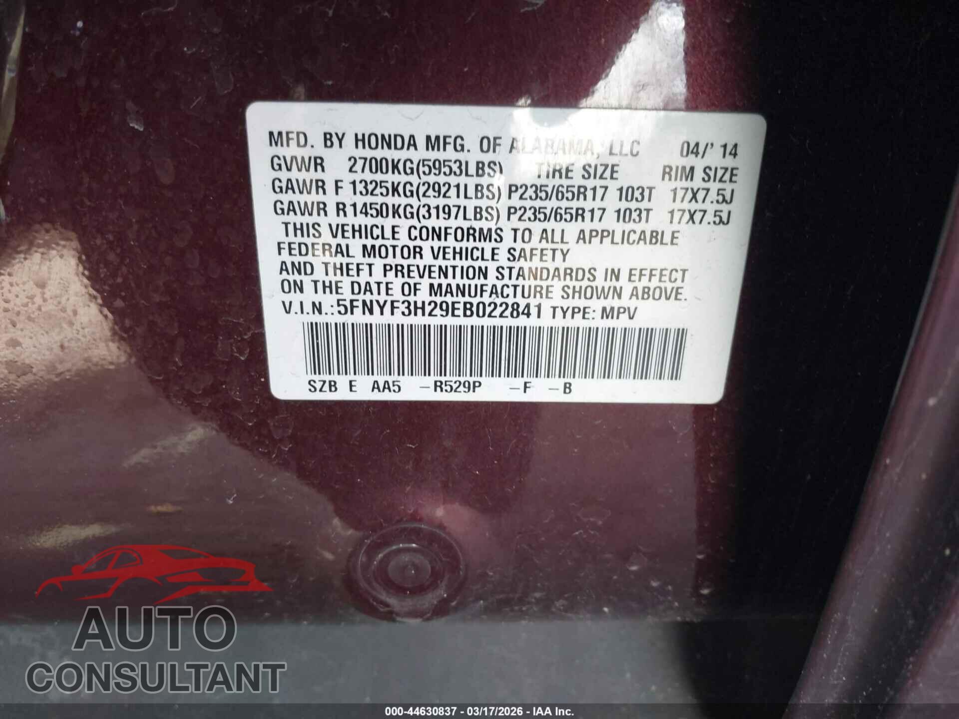 HONDA PILOT 2014 - 5FNYF3H29EB022841