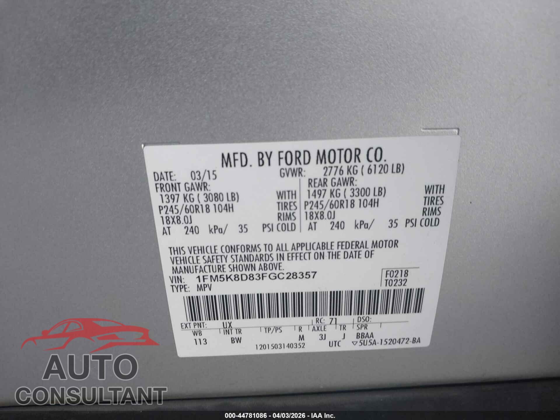 FORD EXPLORER 2015 - 1FM5K8D83FGC28357