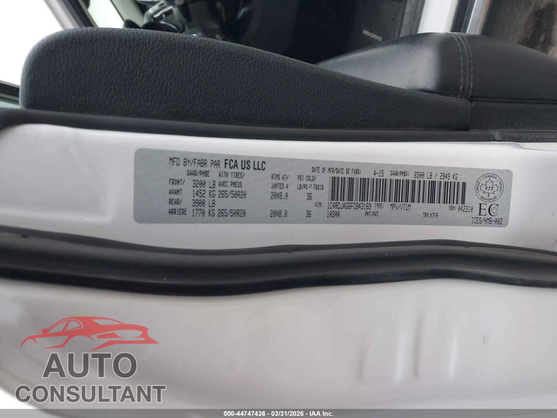 DODGE DURANGO 2015 - 1C4RDJAG6FC843169