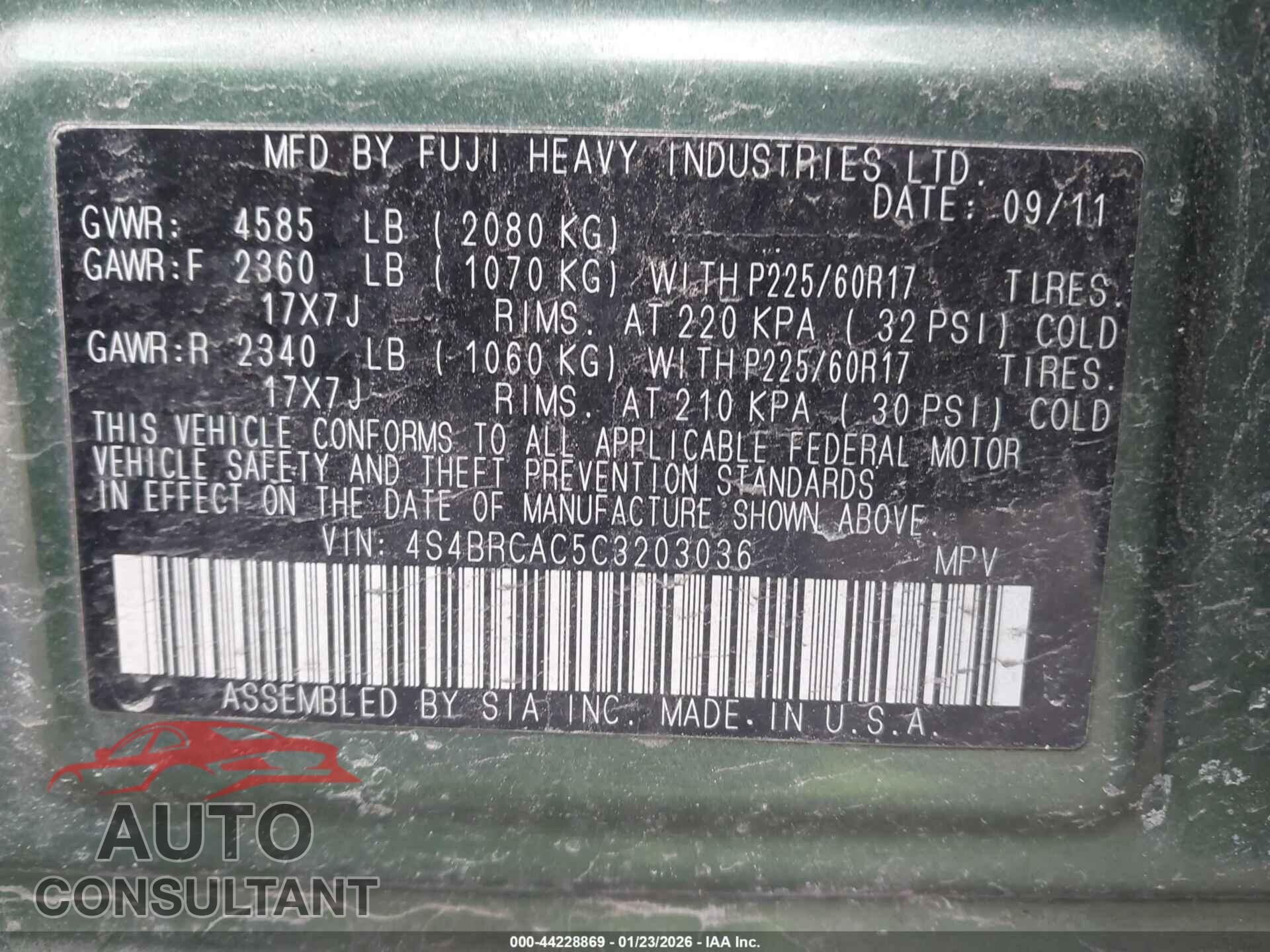 SUBARU OUTBACK 2012 - 4S4BRCAC5C3203036