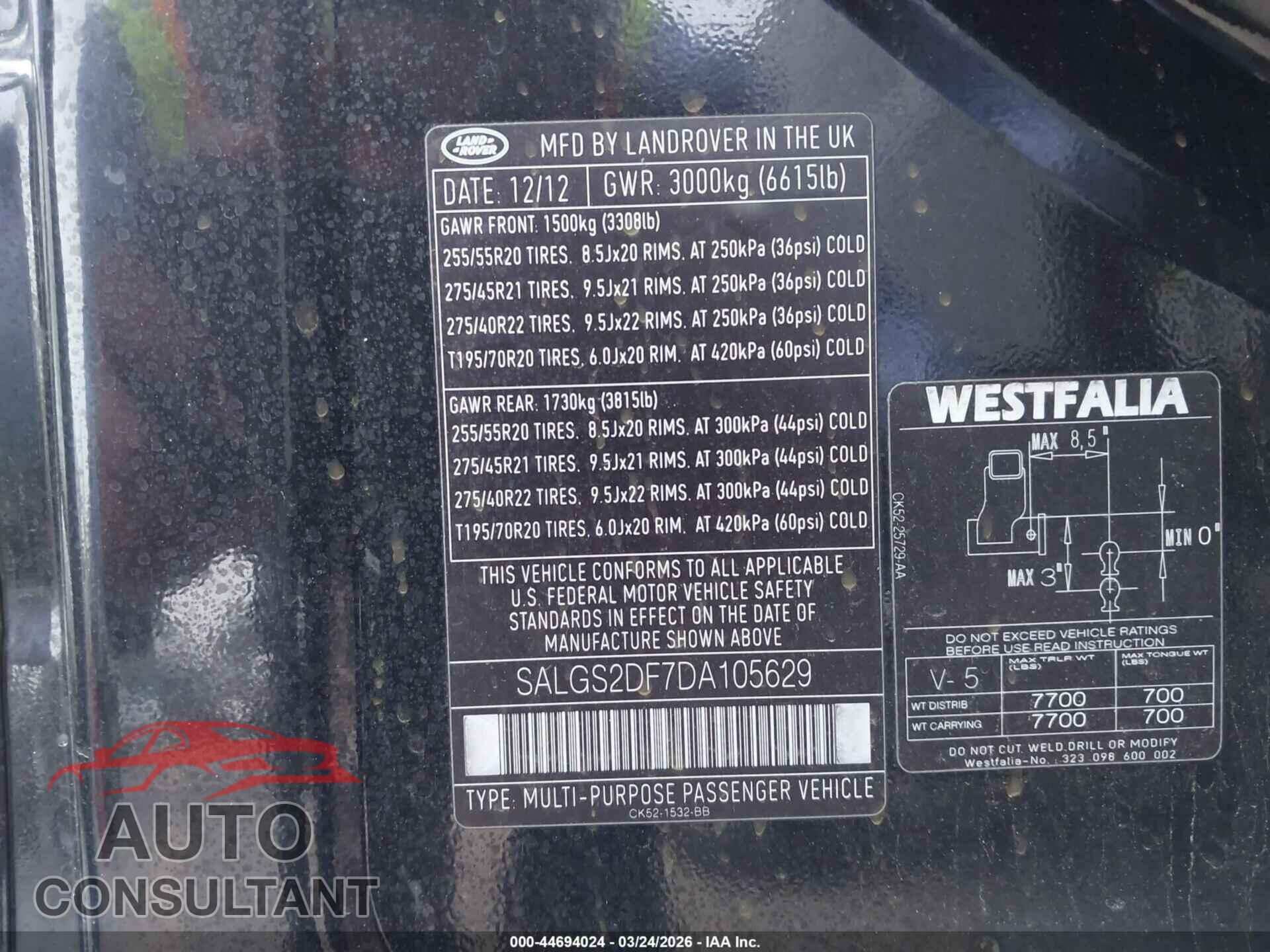 LAND ROVER RANGE ROVER 2013 - SALGS2DF7DA105629