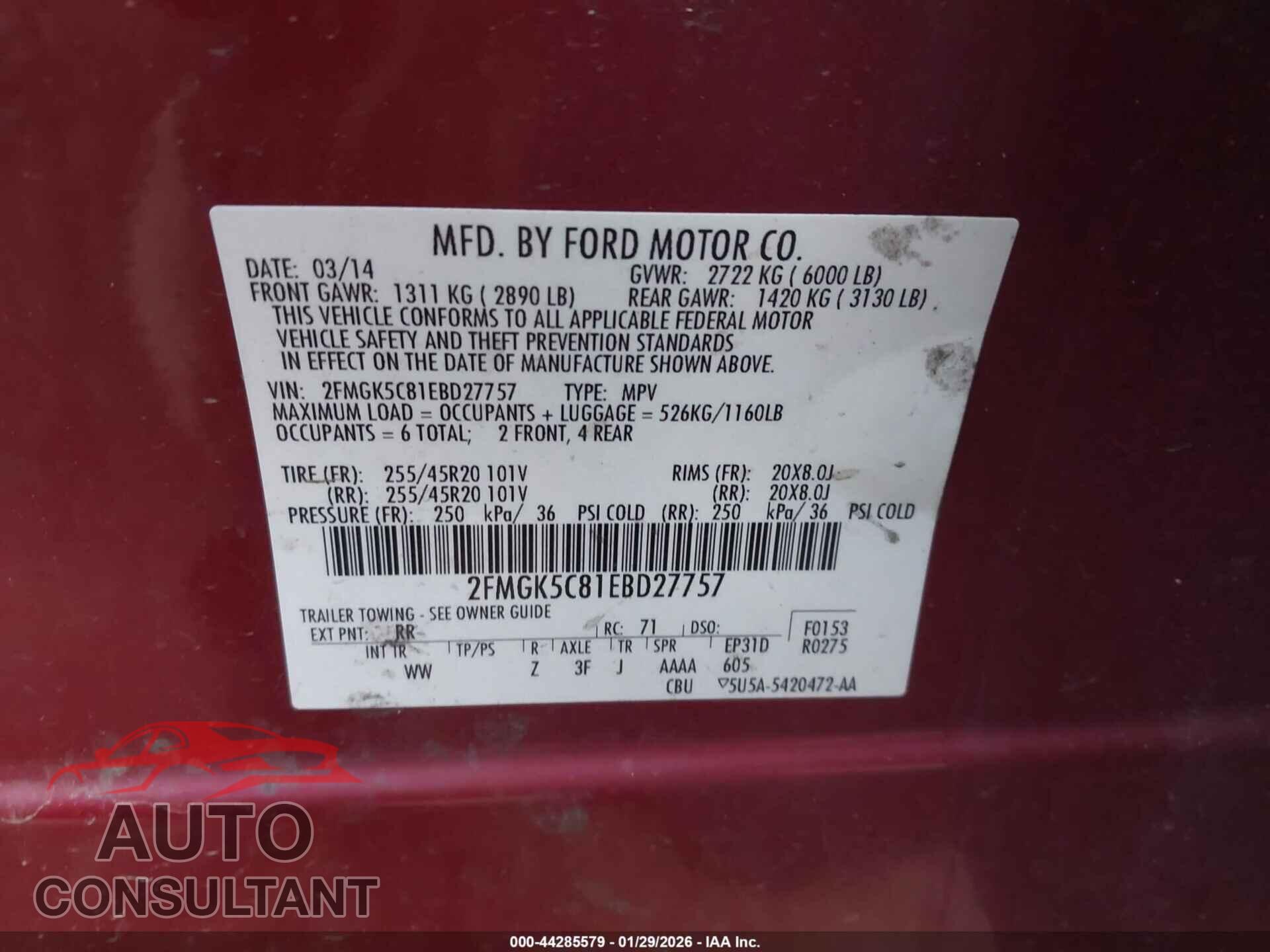 FORD FLEX 2014 - 2FMGK5C81EBD27757