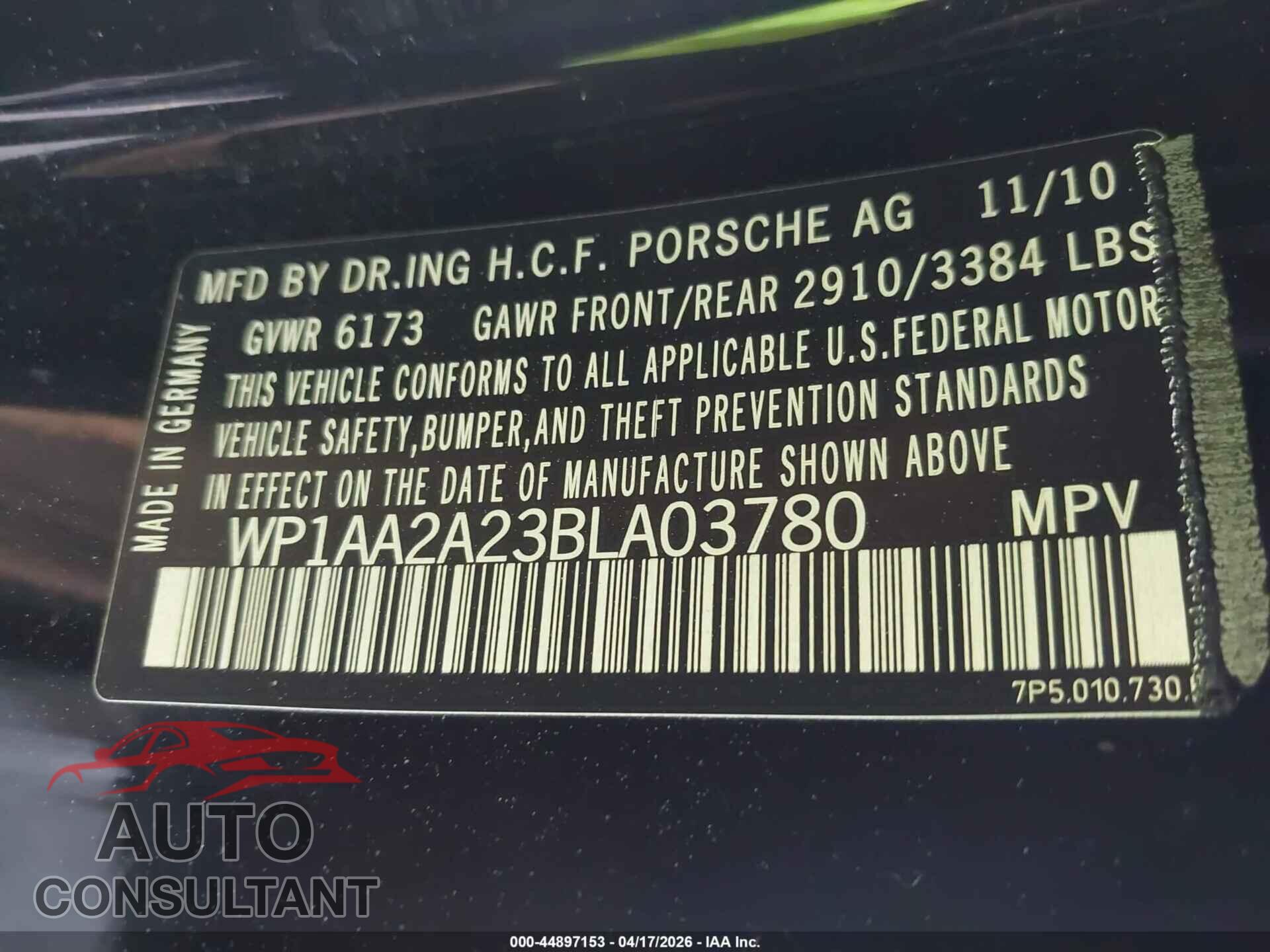 PORSCHE CAYENNE 2011 - WP1AA2A23BLA03780