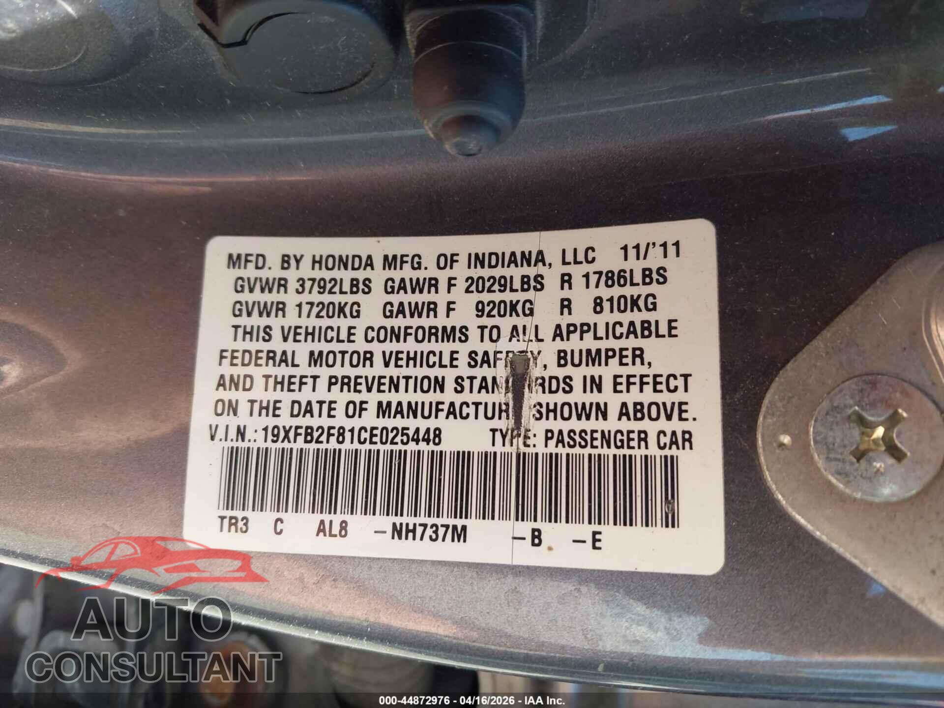 HONDA CIVIC 2012 - 19XFB2F81CE025448