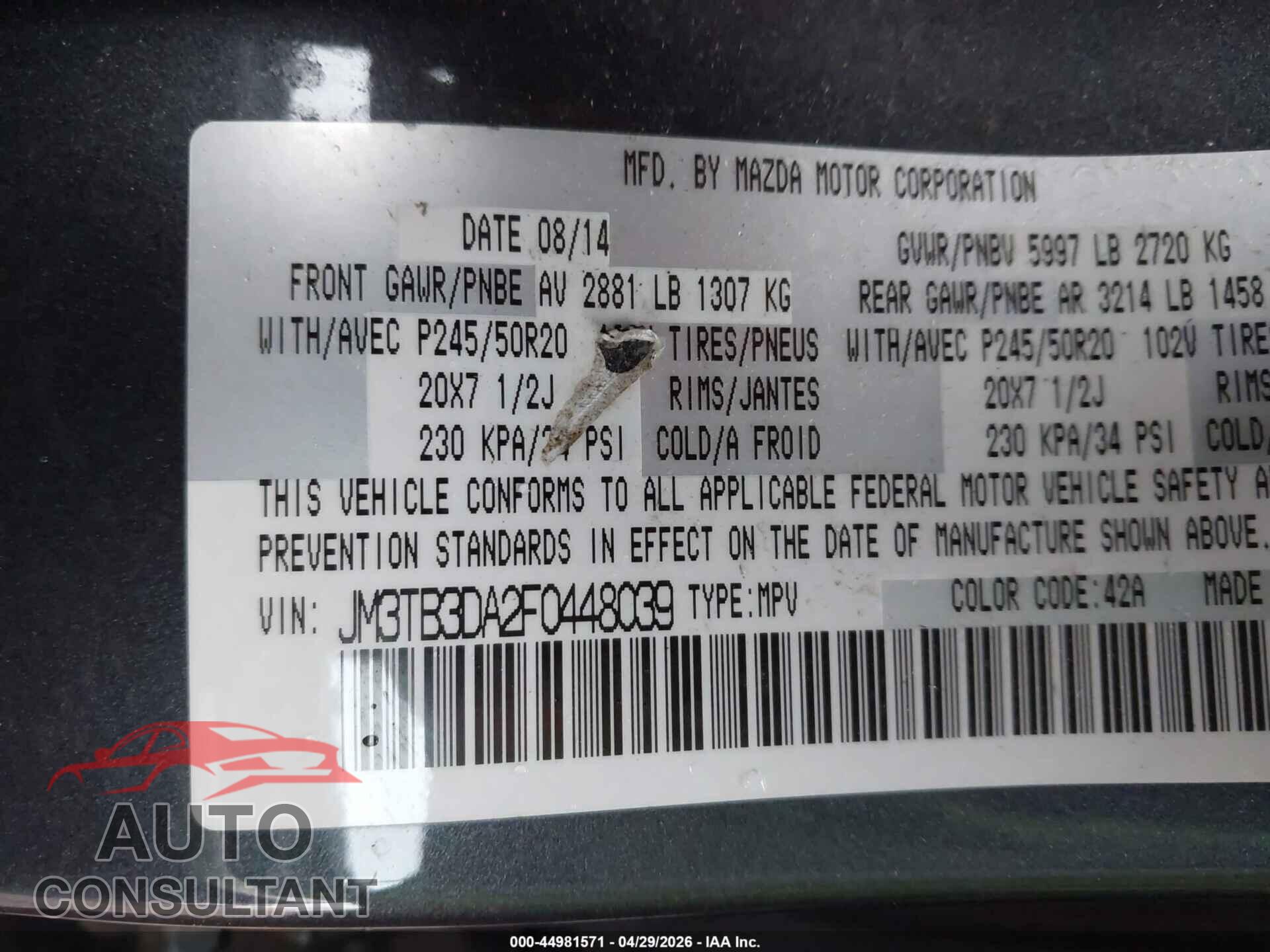MAZDA CX-9 2015 - JM3TB3DA2F0448039