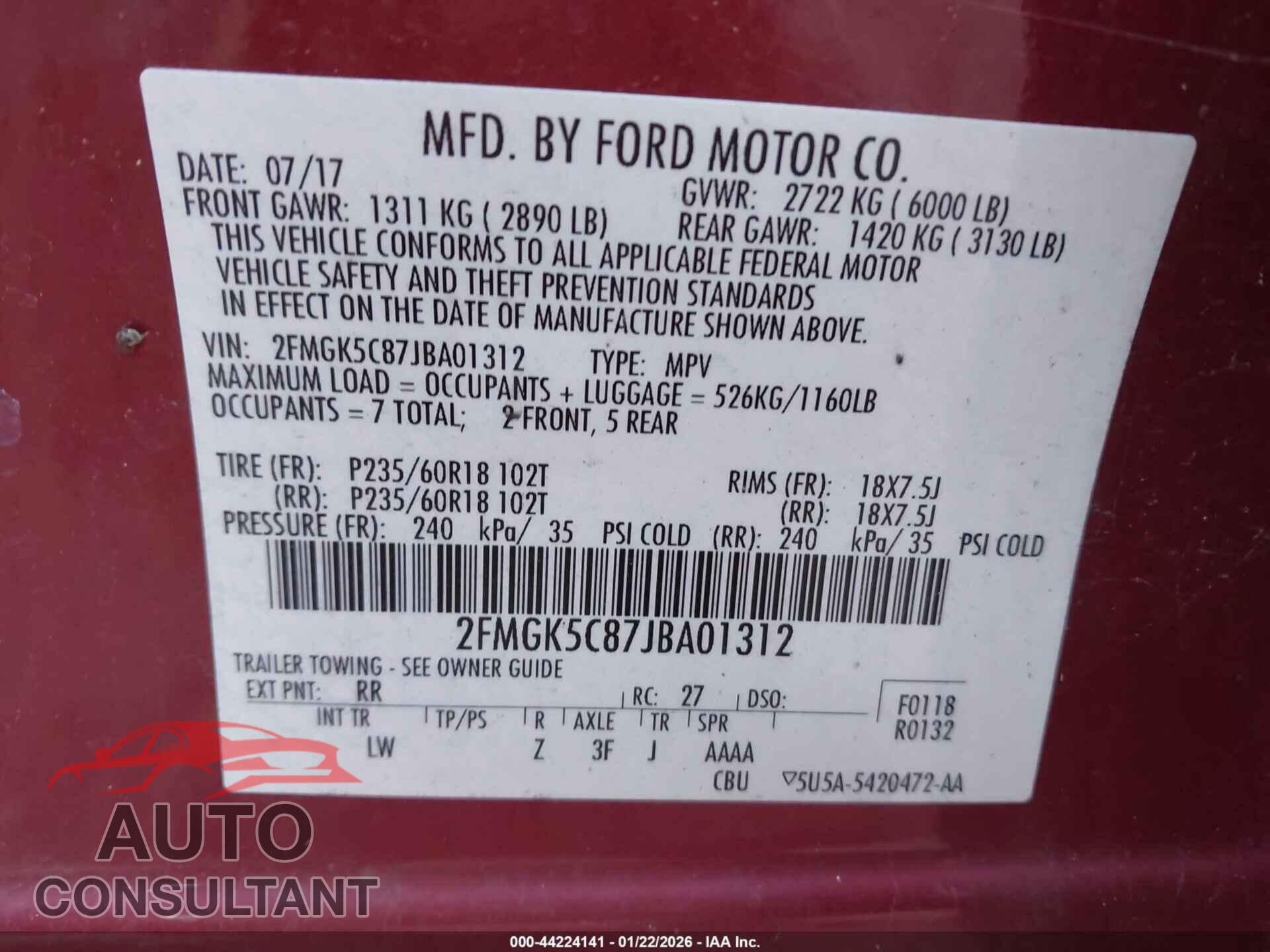 FORD FLEX 2018 - 2FMGK5C87JBA01312
