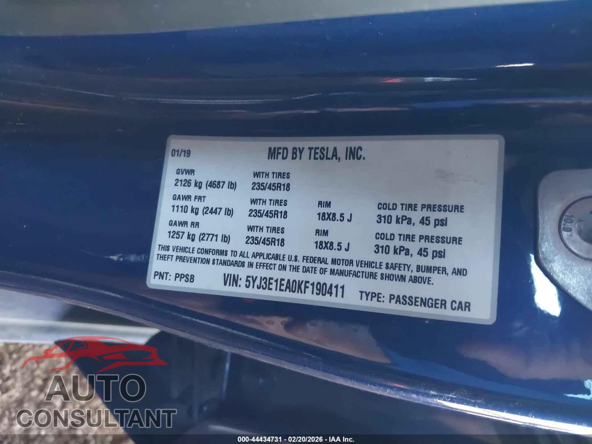 TESLA MODEL 3 2019 - 5YJ3E1EA0KF190411