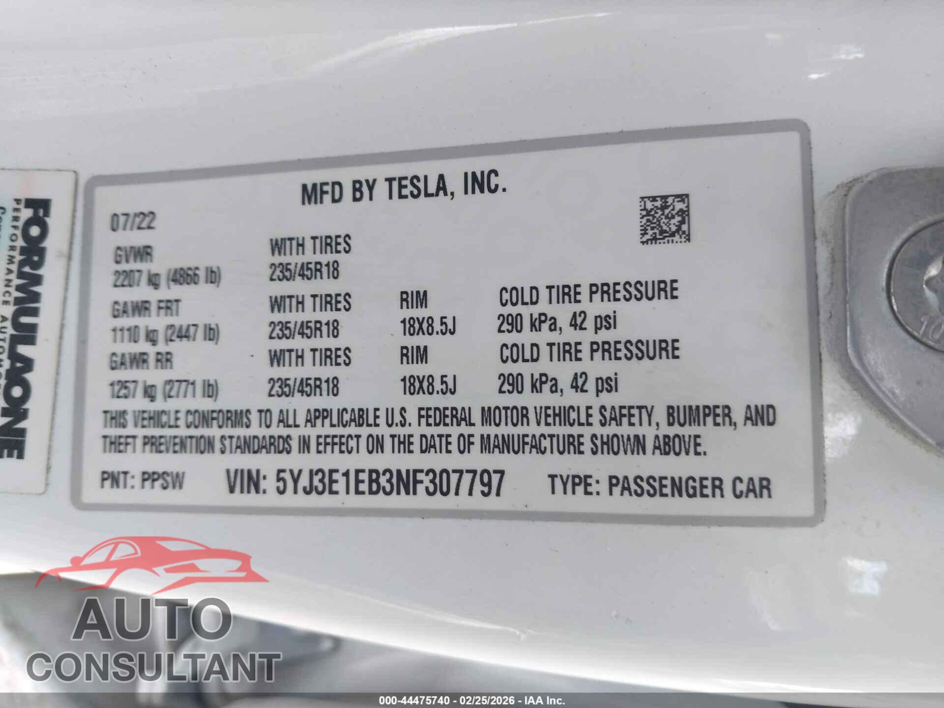 TESLA MODEL 3 2022 - 5YJ3E1EB3NF307797