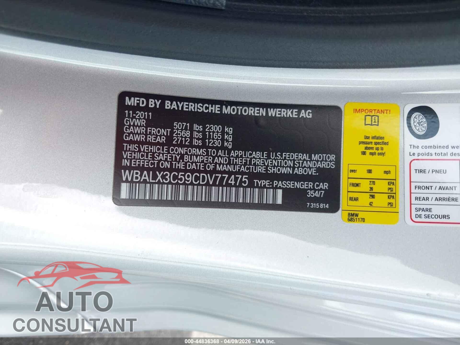 BMW 650I 2012 - WBALX3C59CDV77475