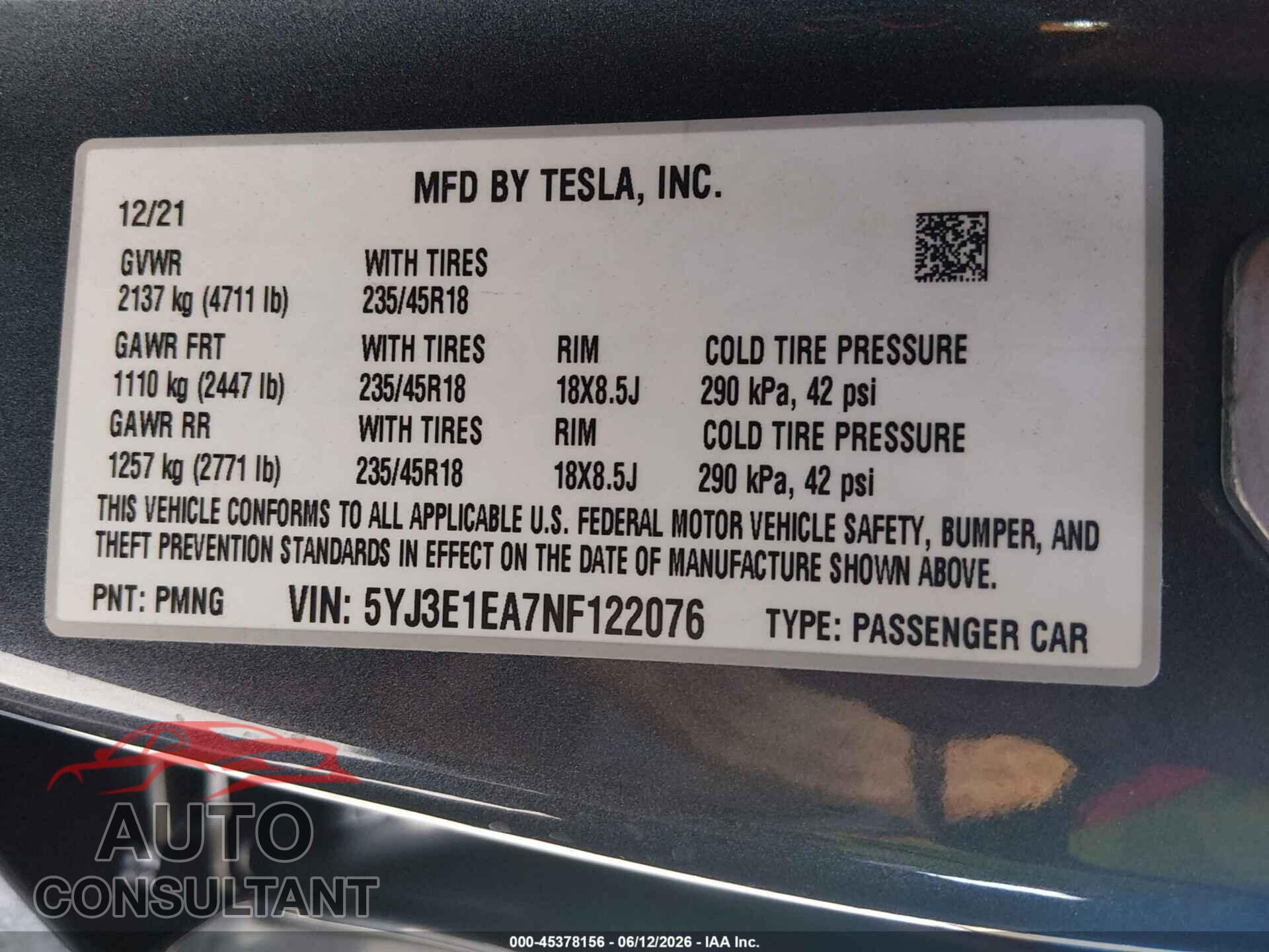 TESLA MODEL 3 2022 - 5YJ3E1EA7NF122076
