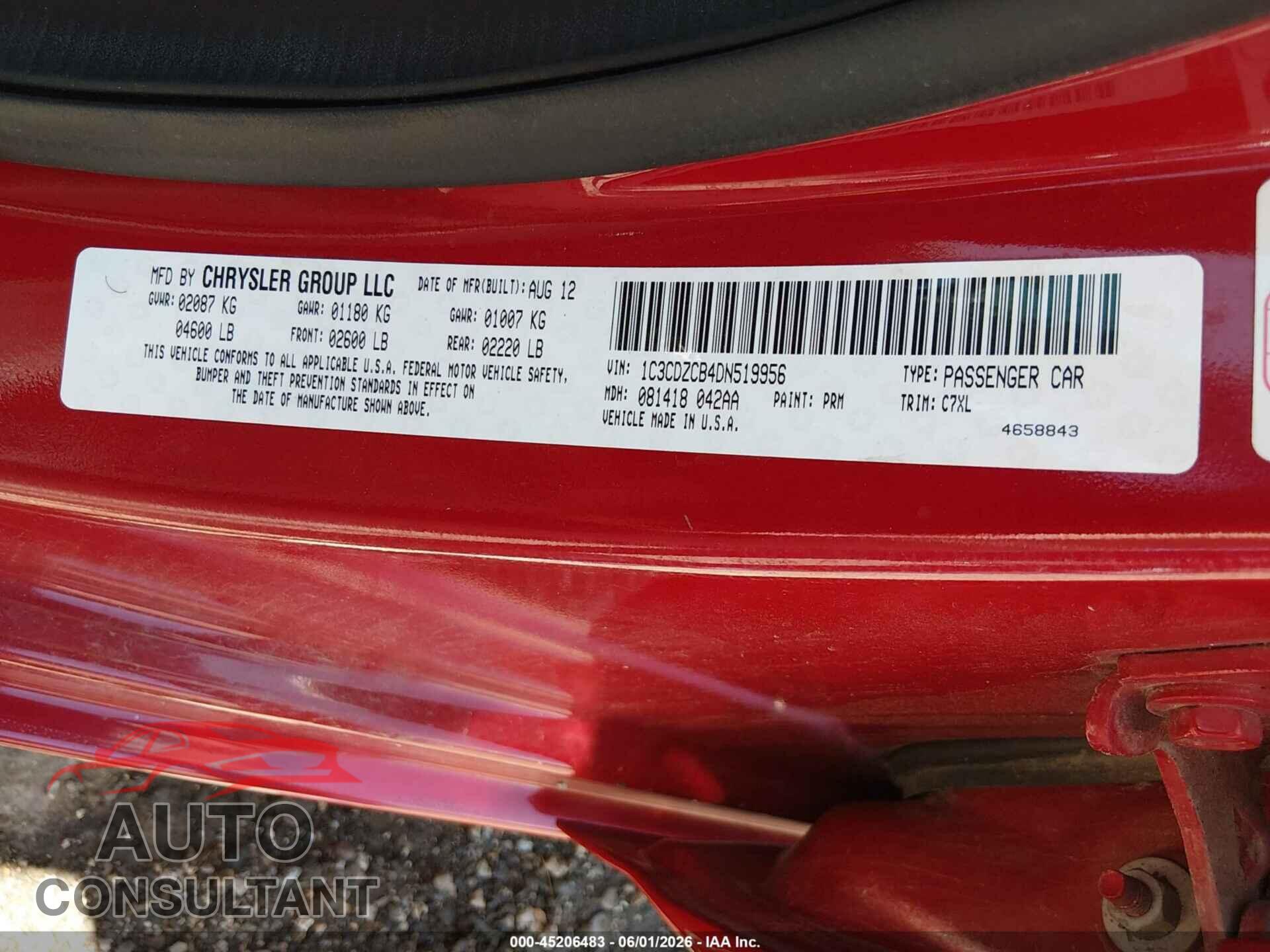 DODGE AVENGER 2013 - 1C3CDZCB4DN519956