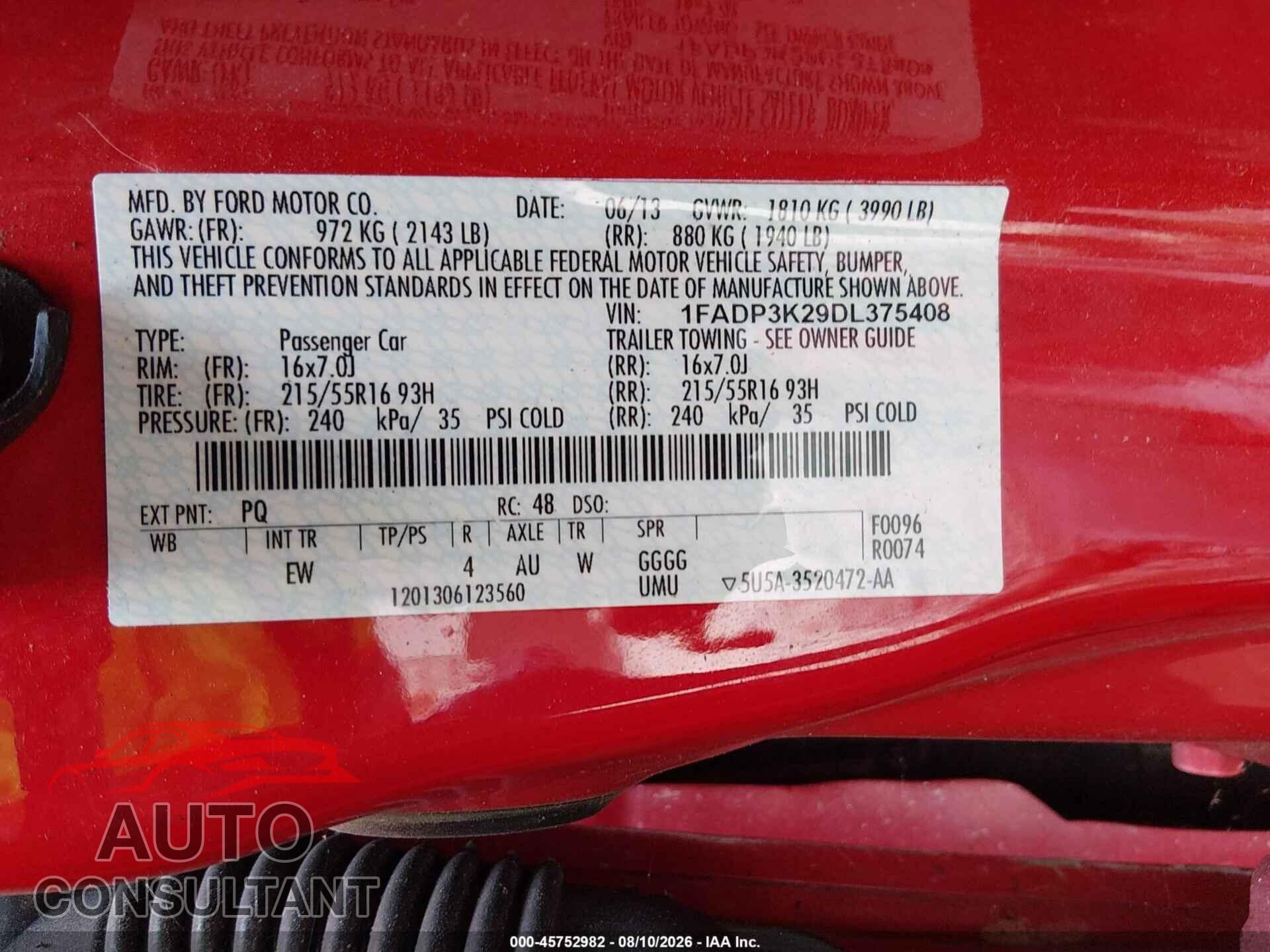 FORD FOCUS 2013 - 1FADP3K29DL375408