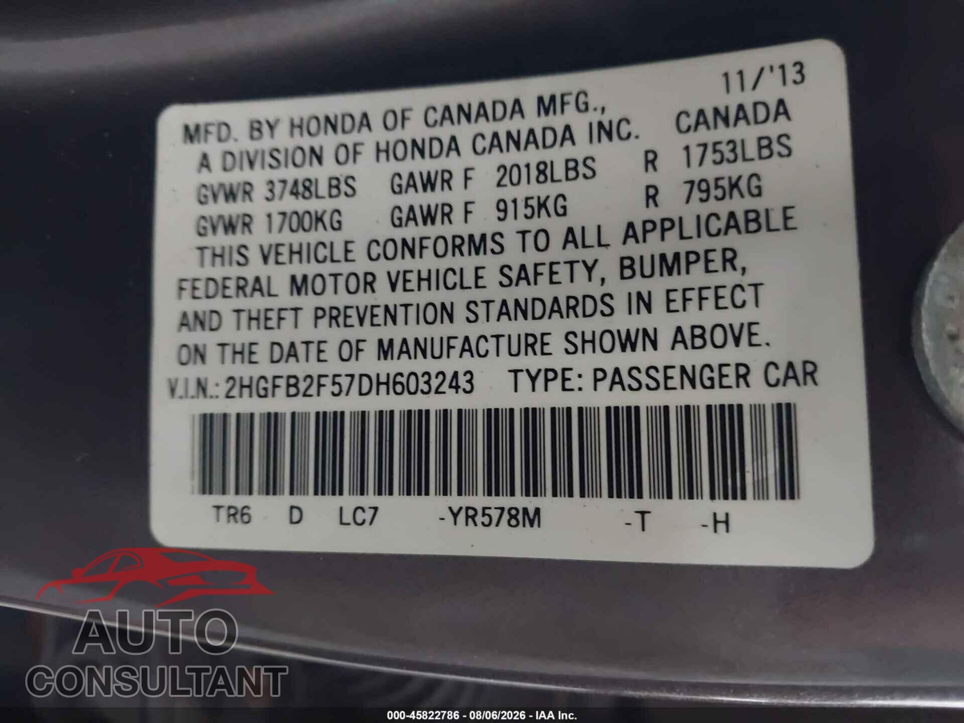 HONDA CIVIC 2013 - 2HGFB2F57DH603243