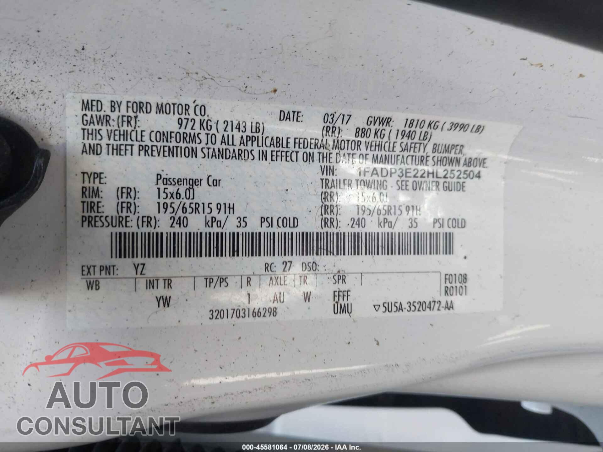 FORD FOCUS 2017 - 1FADP3E22HL252504