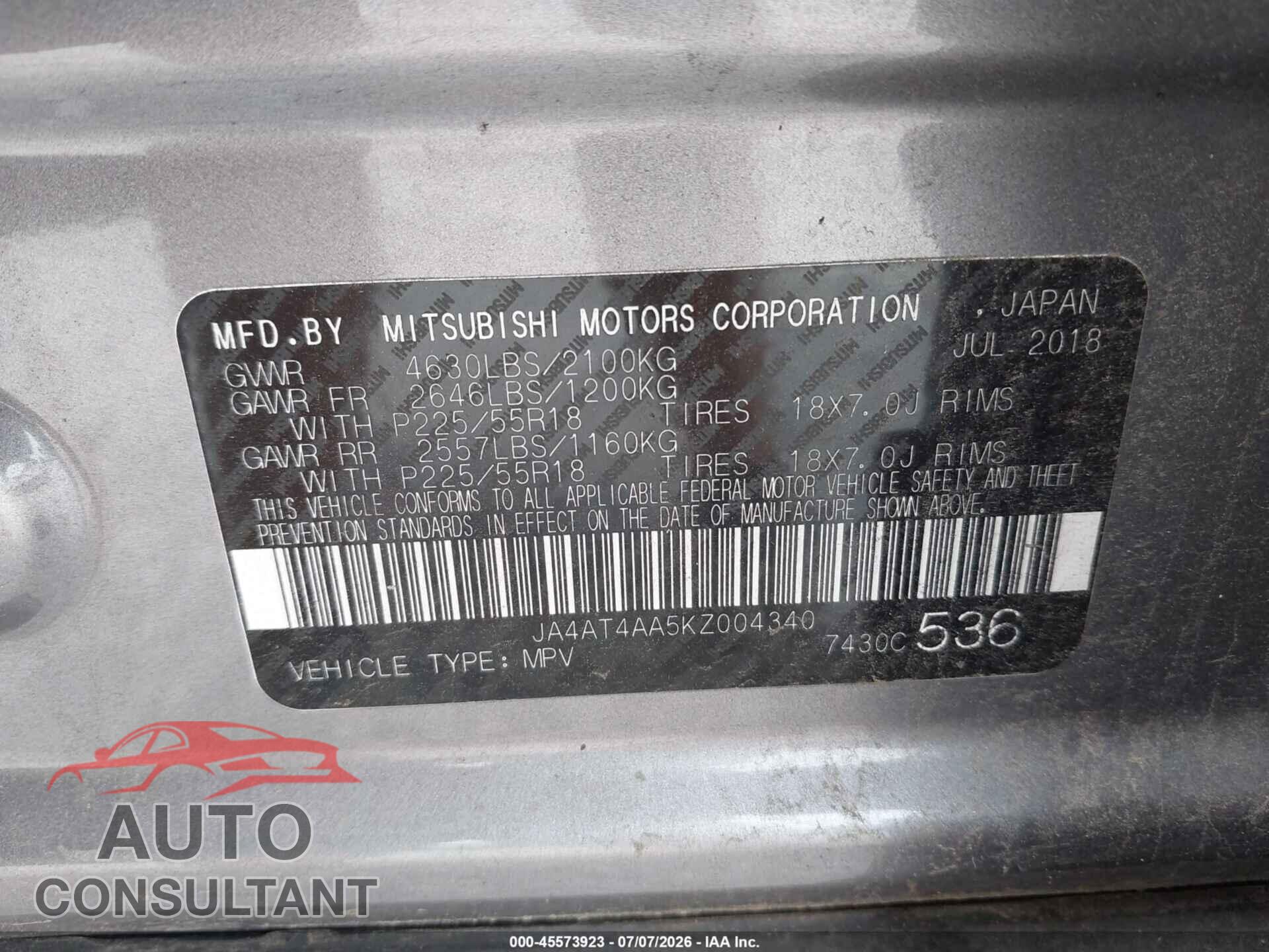 MITSUBISHI ECLIPSE CROSS 2019 - JA4AT4AA5KZ004340
