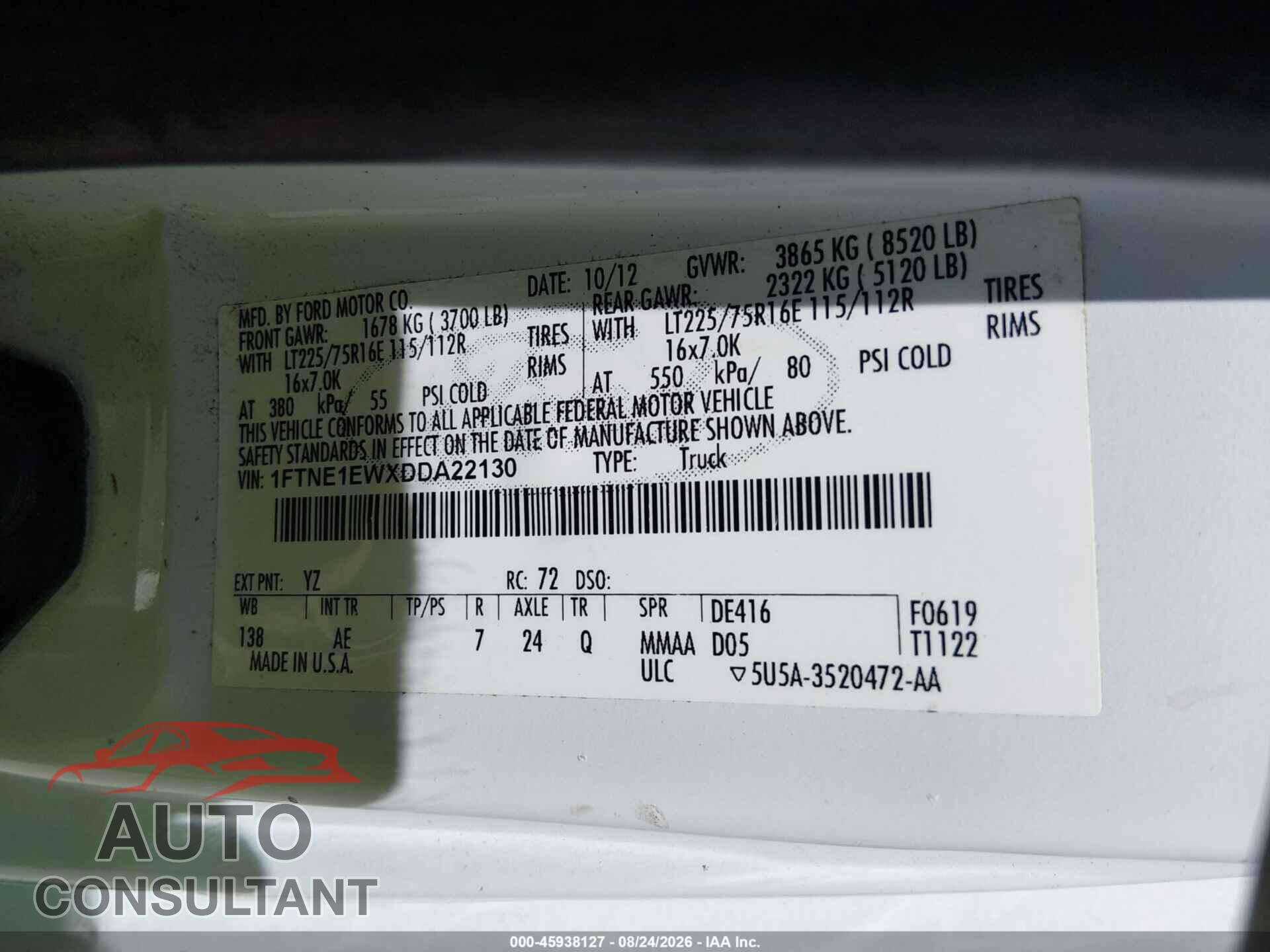 FORD E-150 2013 - 1FTNE1EWXDDA22130