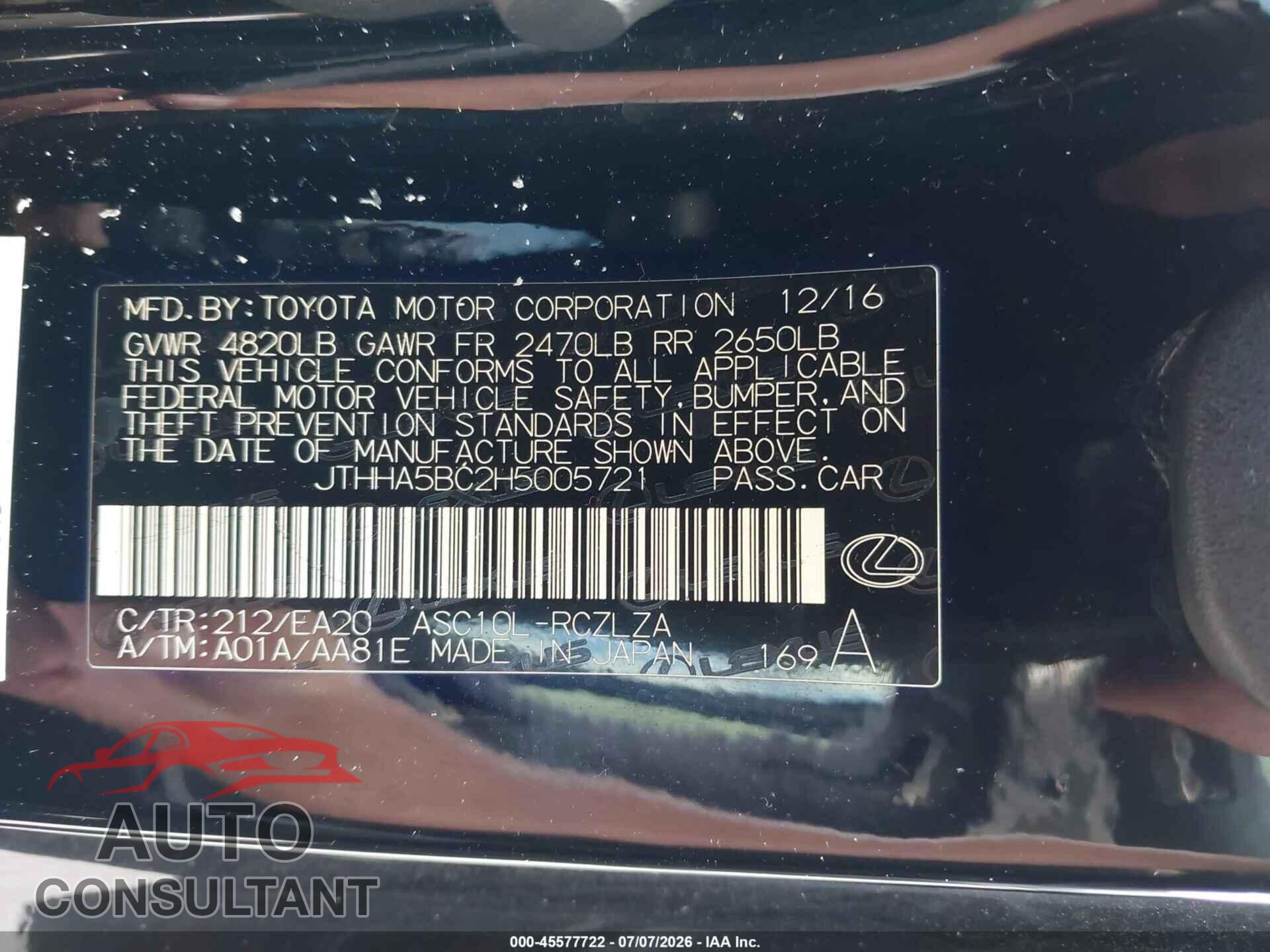 LEXUS RC 200T 2017 - JTHHA5BC2H5005721
