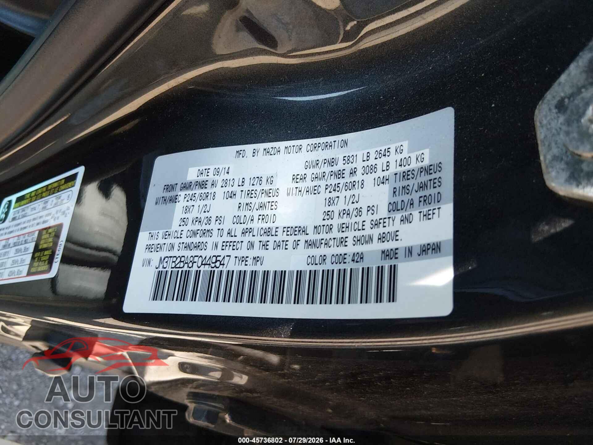 MAZDA CX-9 2015 - JM3TB2BA8F0449547