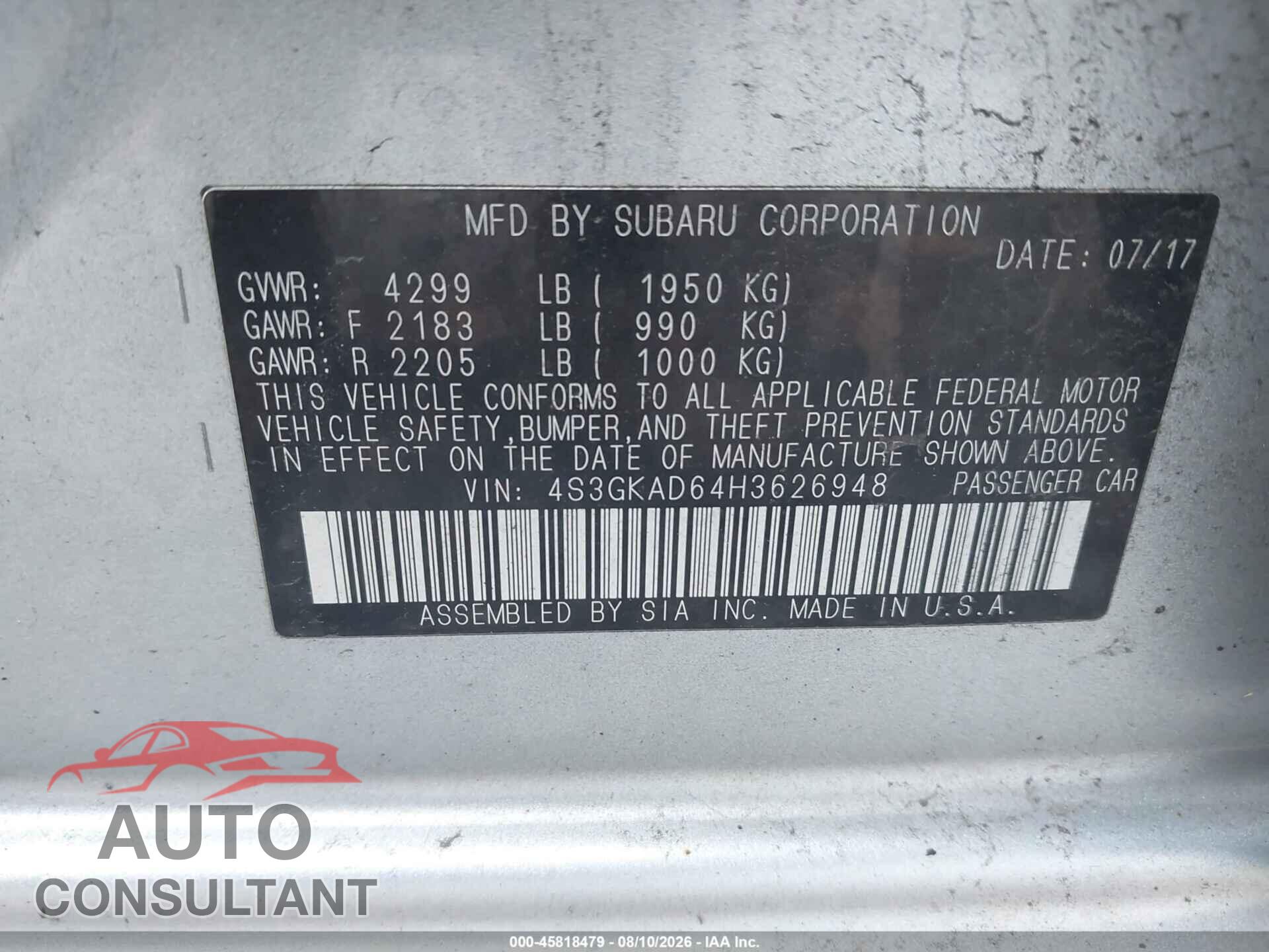 SUBARU IMPREZA 2017 - 4S3GKAD64H3626948