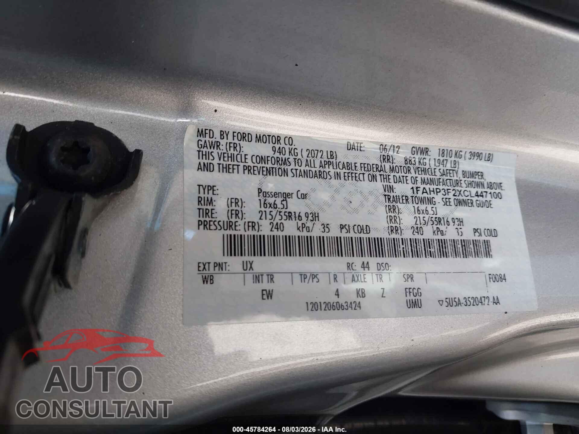 FORD FOCUS 2012 - 1FAHP3F2XCL447100