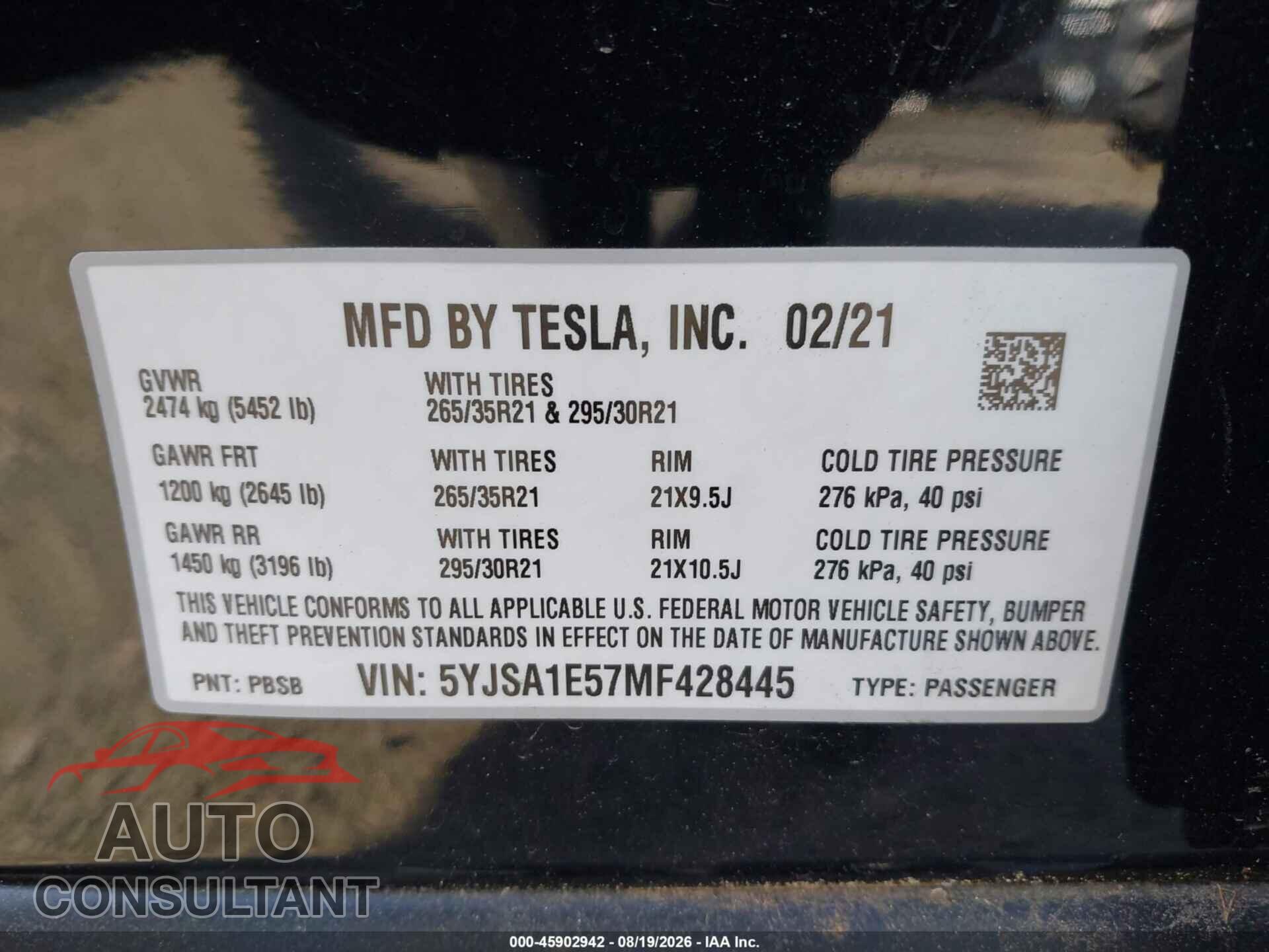 TESLA MODEL S 2021 - 5YJSA1E57MF428445