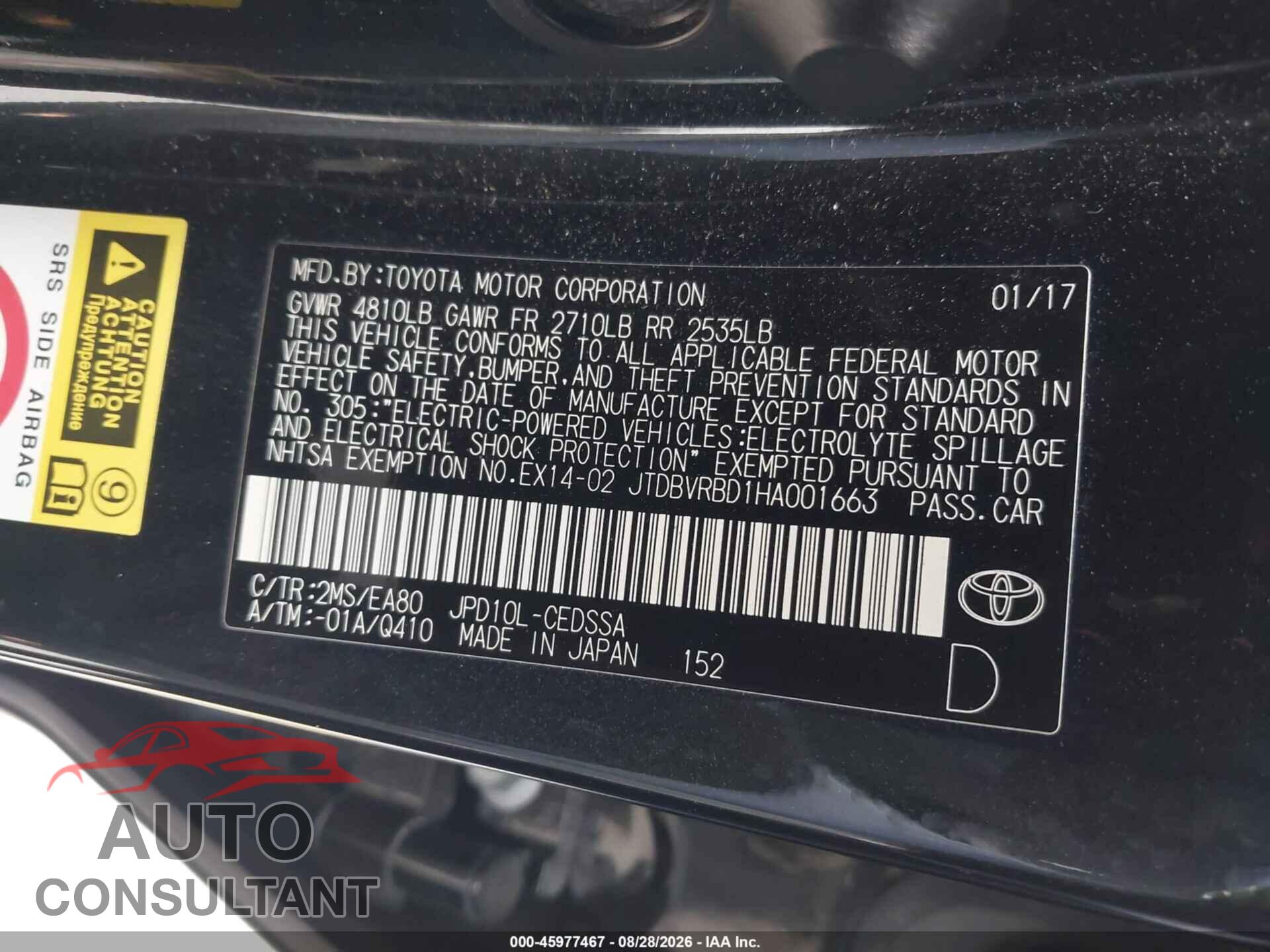 TOYOTA MIRAI 2017 - JTDBVRBD1HA001663