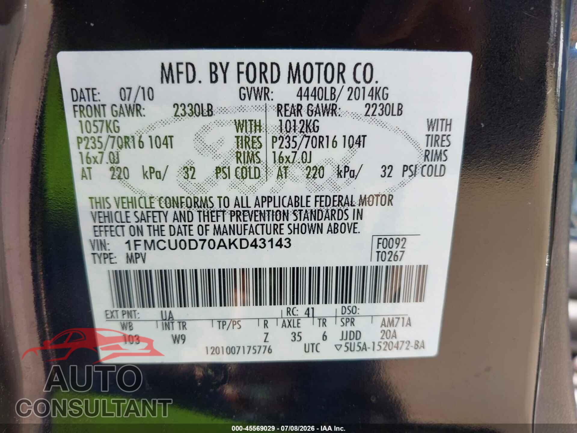 FORD ESCAPE 2010 - 1FMCU0D70AKD43143