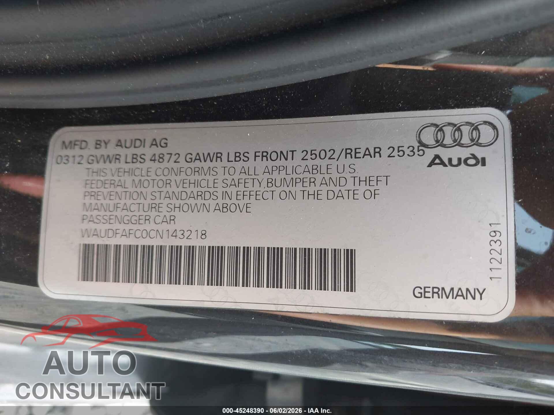 AUDI A6 2012 - WAUDFAFC0CN143218