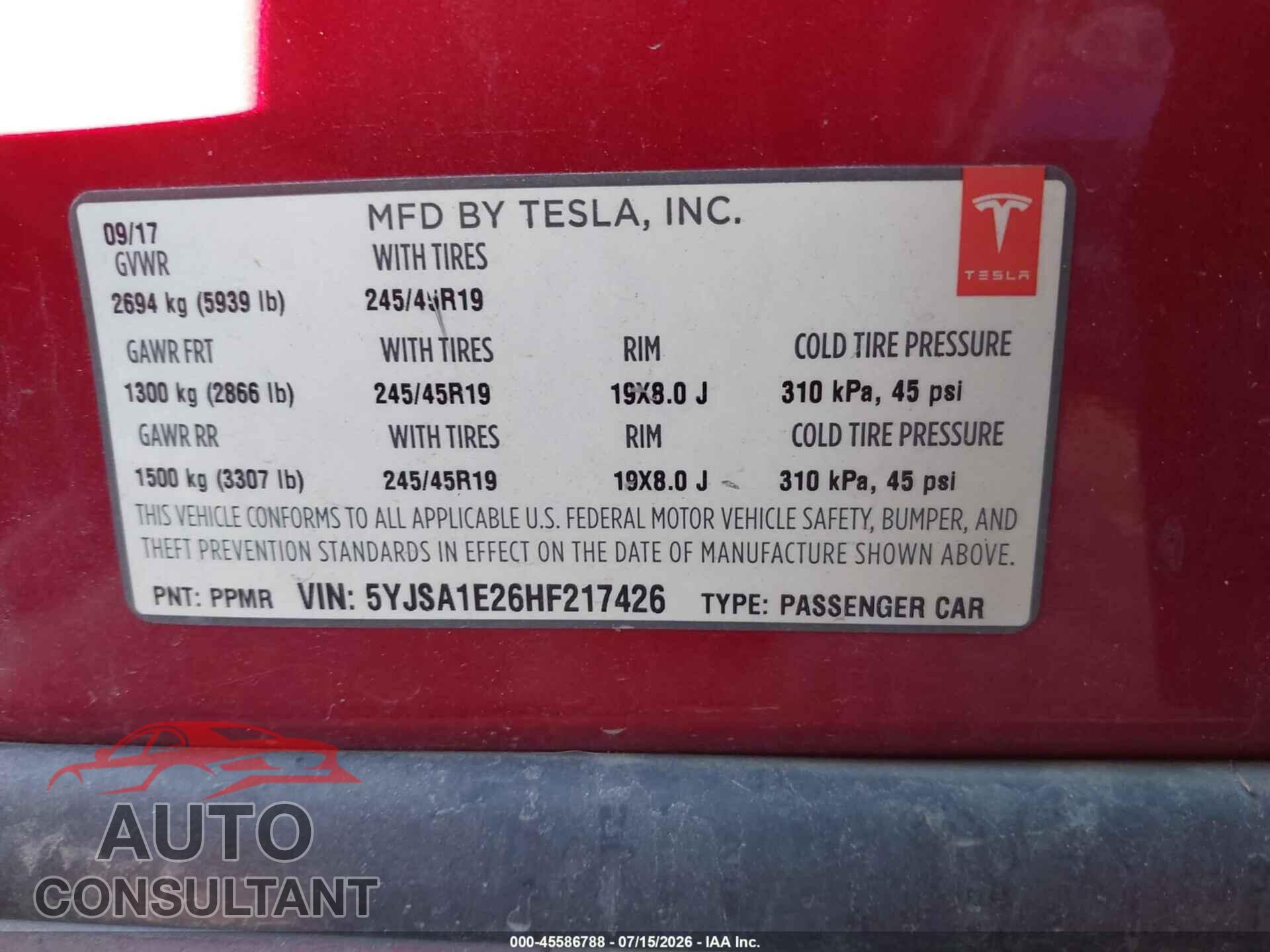 TESLA MODEL S 2017 - 5YJSA1E26HF217426
