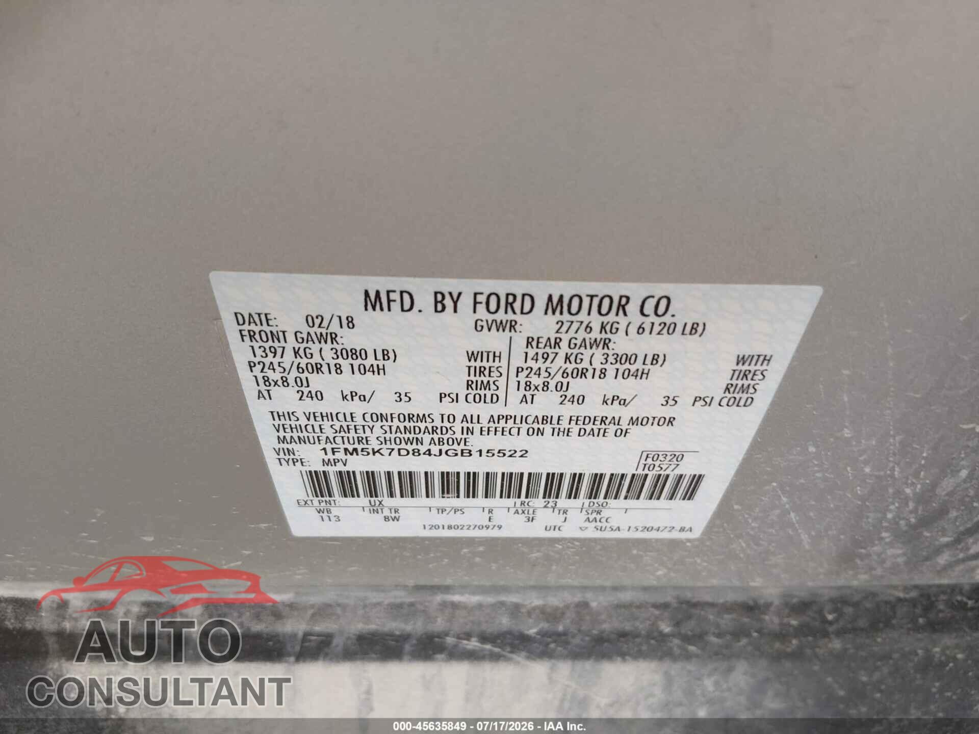 FORD EXPLORER 2018 - 1FM5K7D84JGB15522