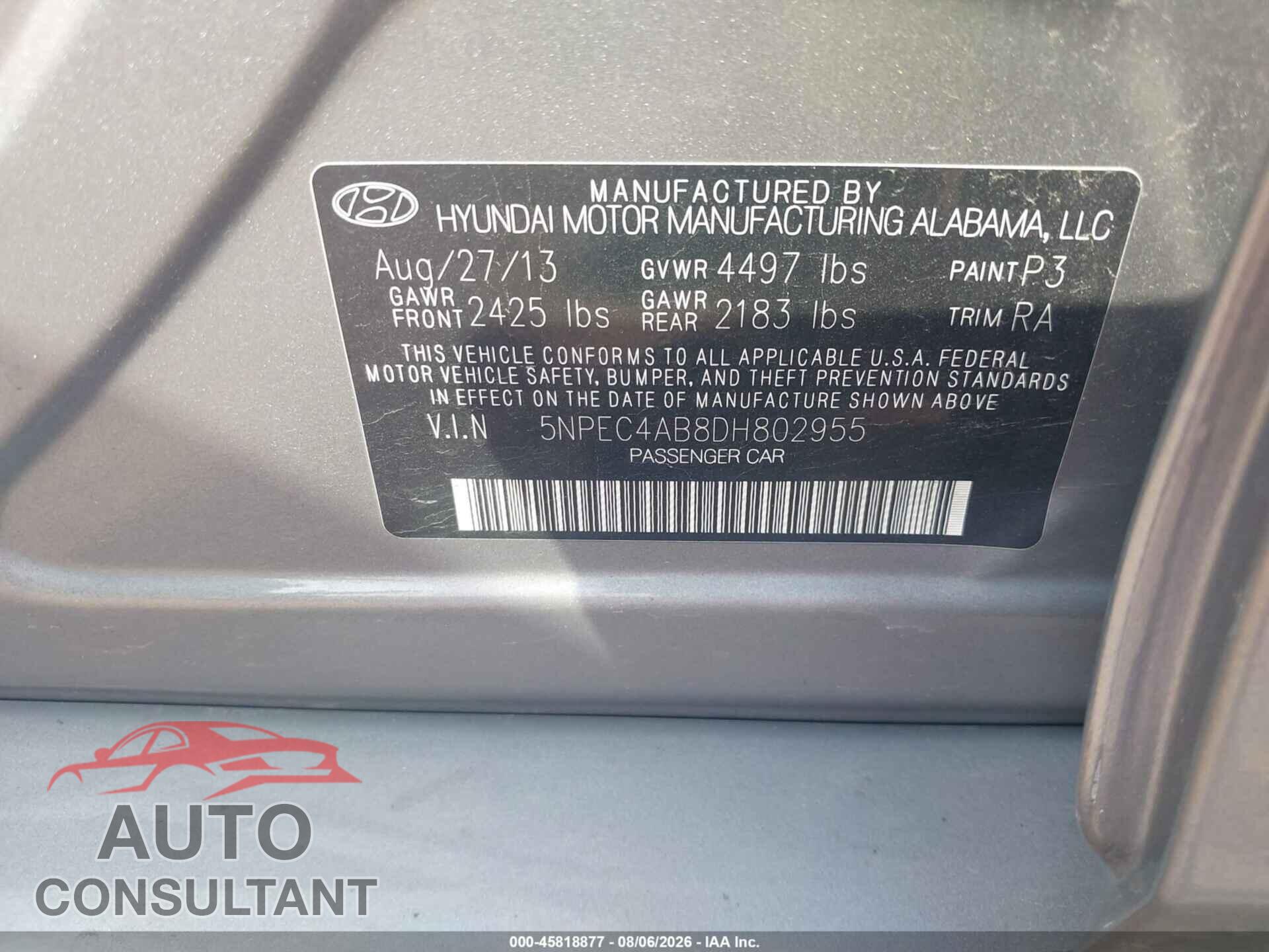 HYUNDAI SONATA 2013 - 5NPEC4AB8DH802955