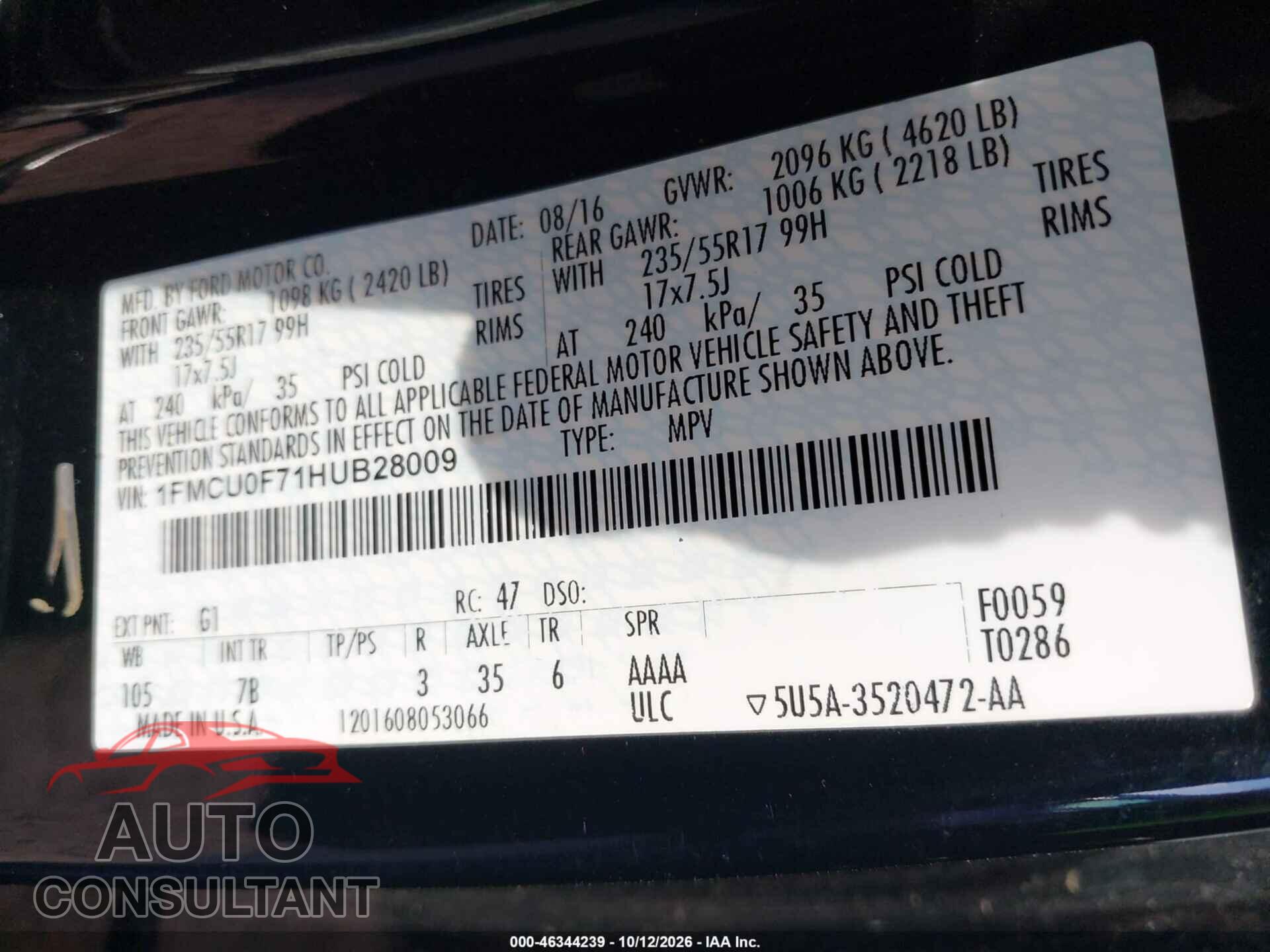 FORD ESCAPE 2017 - 1FMCU0F71HUB28009