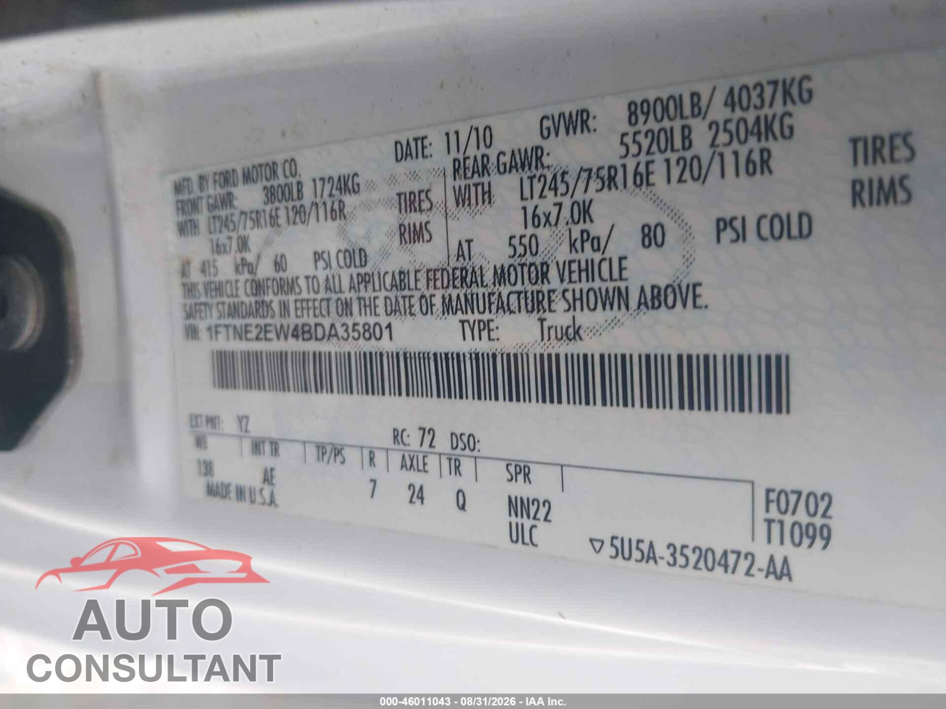 FORD E-250 2011 - 1FTNE2EW4BDA35801