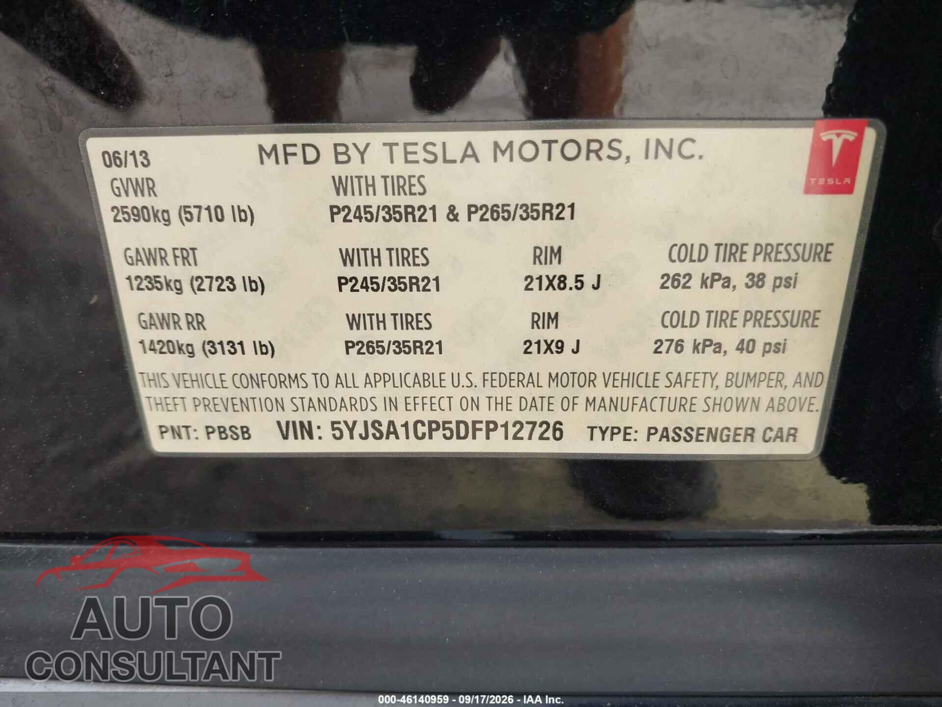 TESLA MODEL S 2013 - 5YJSA1CP5DFP12726