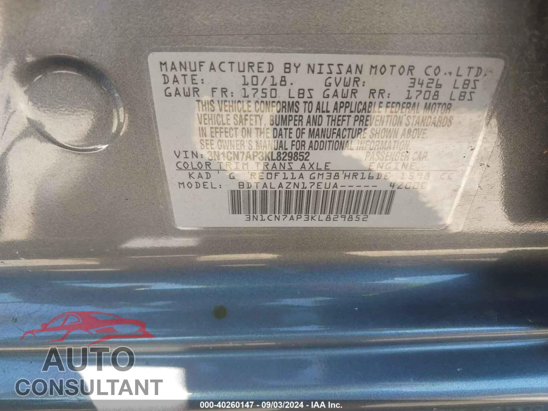 NISSAN VERSA 2019 - 3N1CN7AP3KL829852