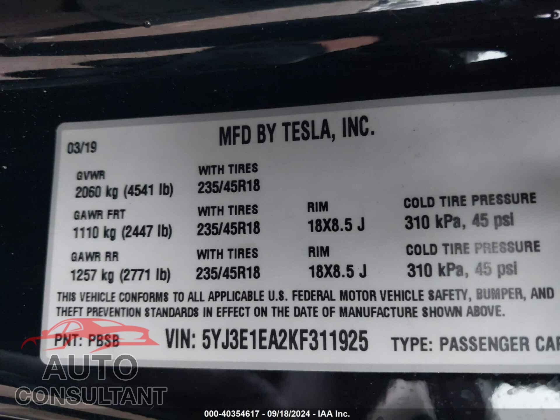 TESLA MODEL 3 2019 - 5YJ3E1EA2KF311925