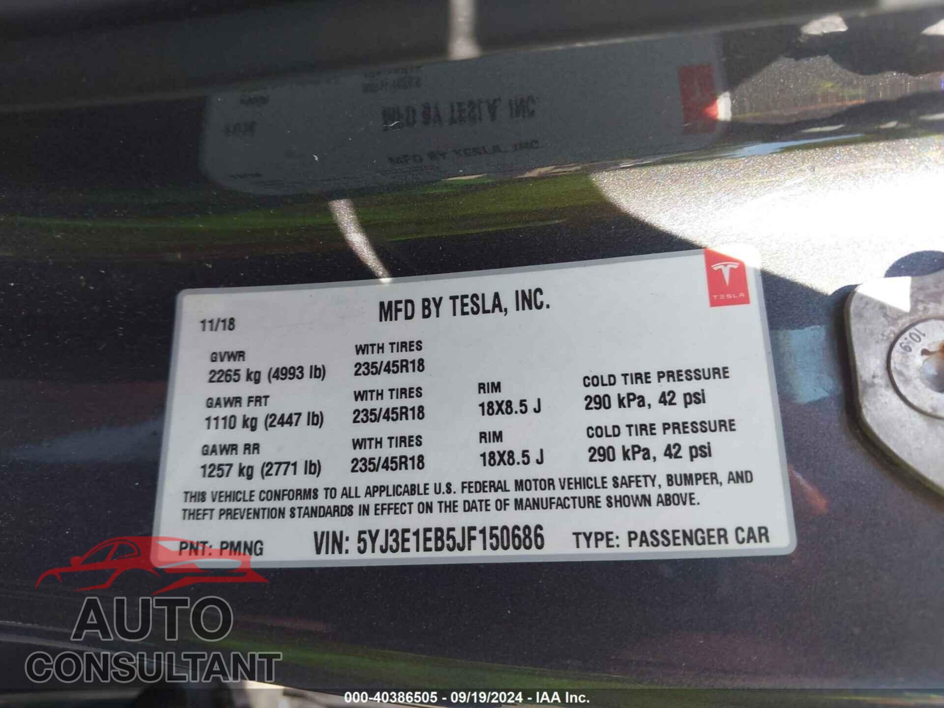 TESLA MODEL 3 2018 - 5YJ3E1EB5JF150686